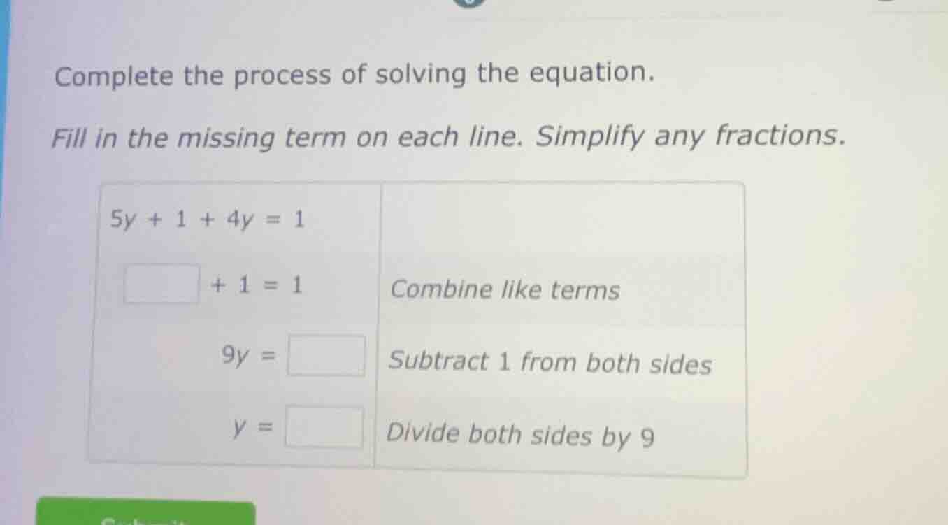 complete the process of solving the equation. fill in the missing term …