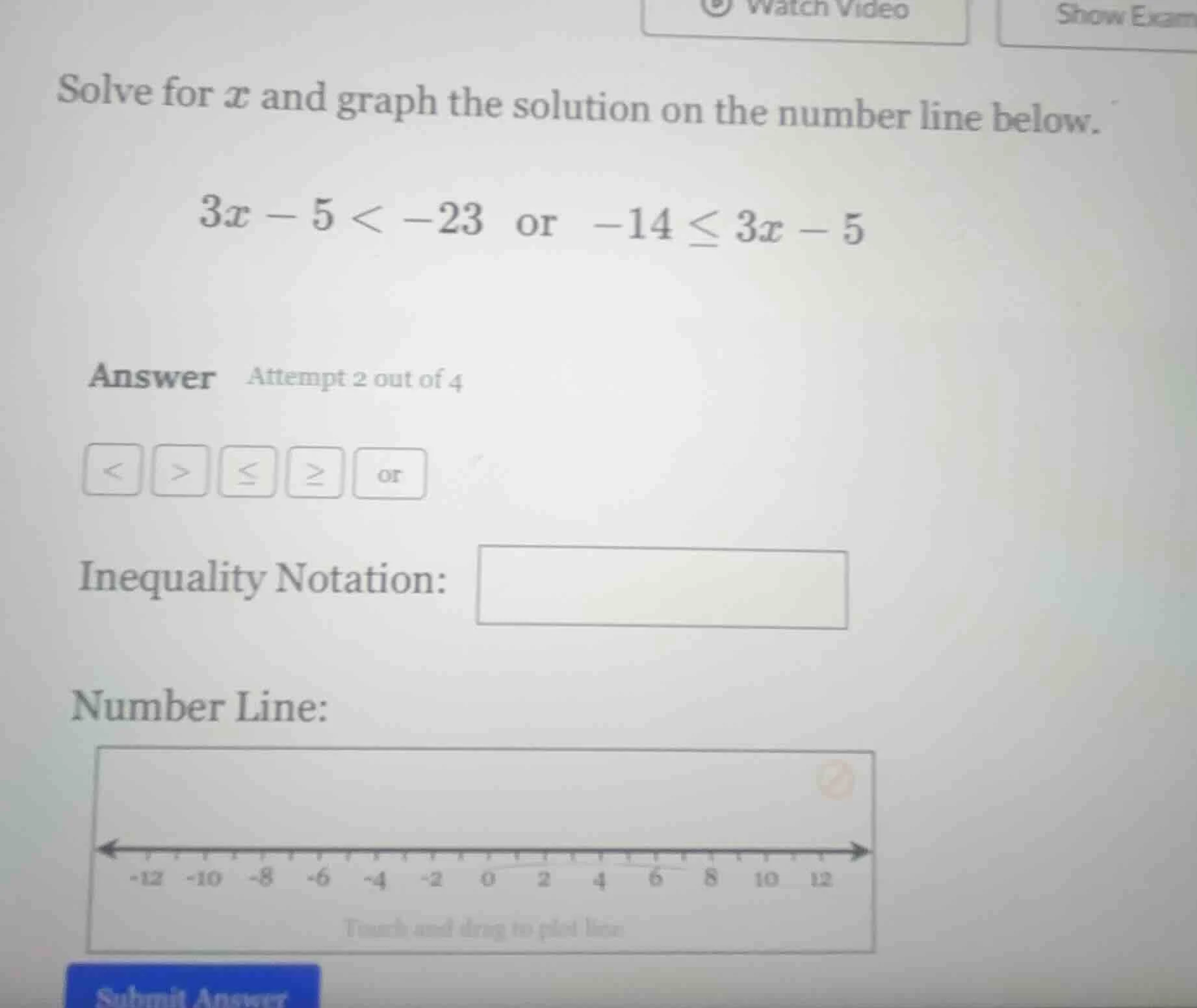solve for ( x ) and graph the solution on the number line below. ( 3x -…