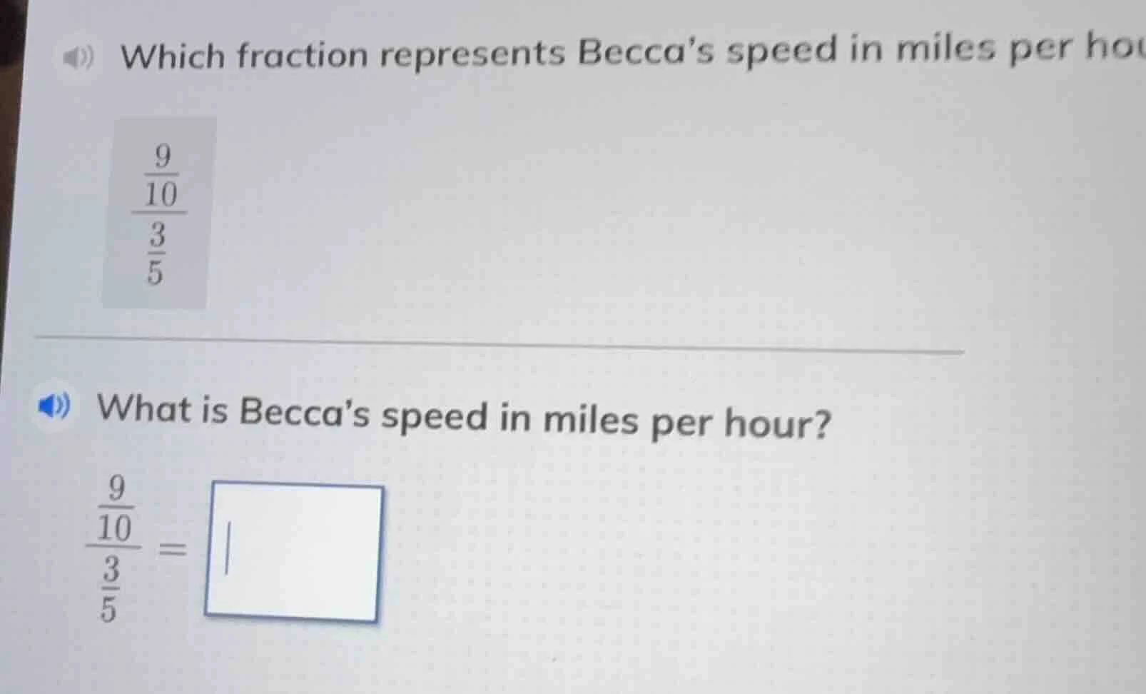 which fraction represents becca’s speed in miles per hou \\(\frac{\frac…