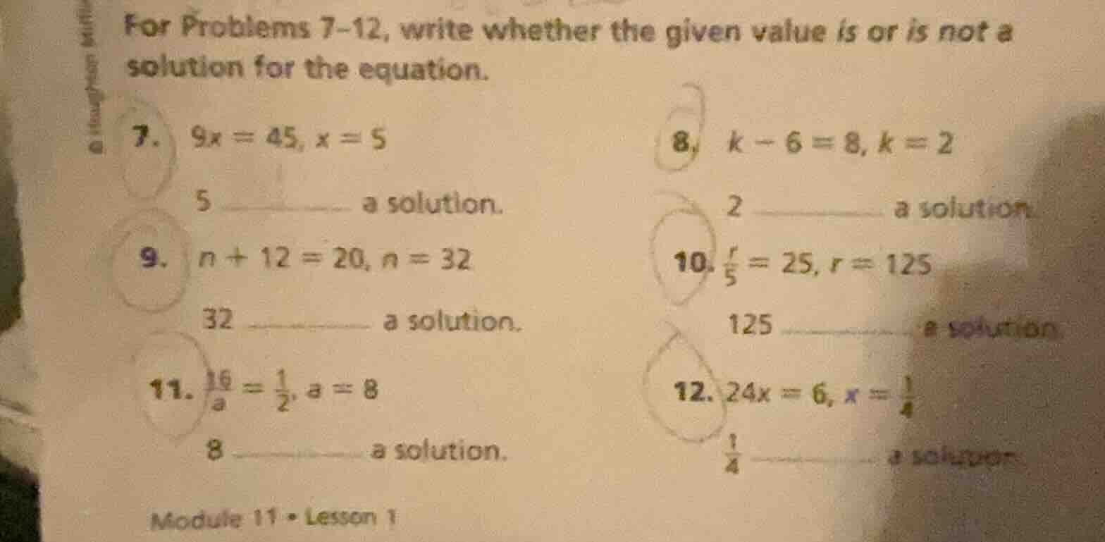 for problems 7-12, write whether the given value is or is not a solutio…