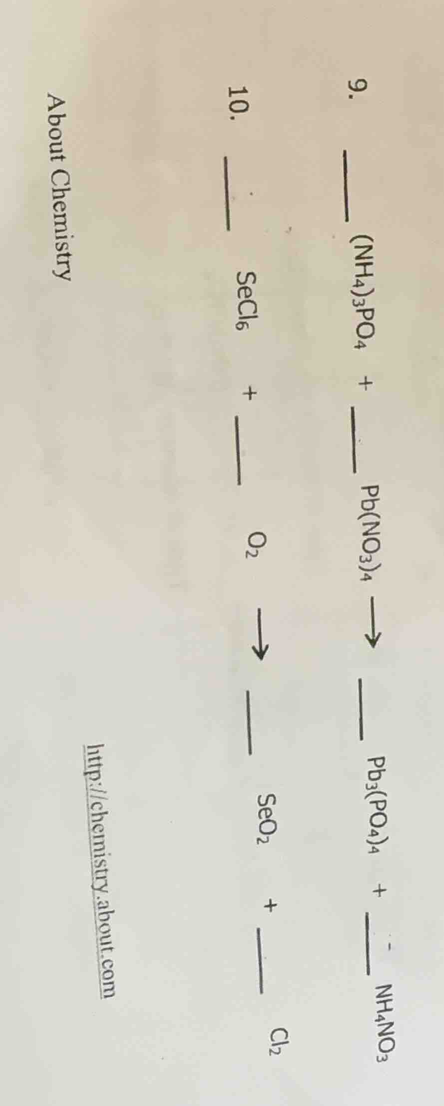 9. ___ (nh₄)₃po₄ + ___ pb(no₃)₄ → ___ pb₃(po₄)₄ + ___ nh₄no₃ 10. ___ se…