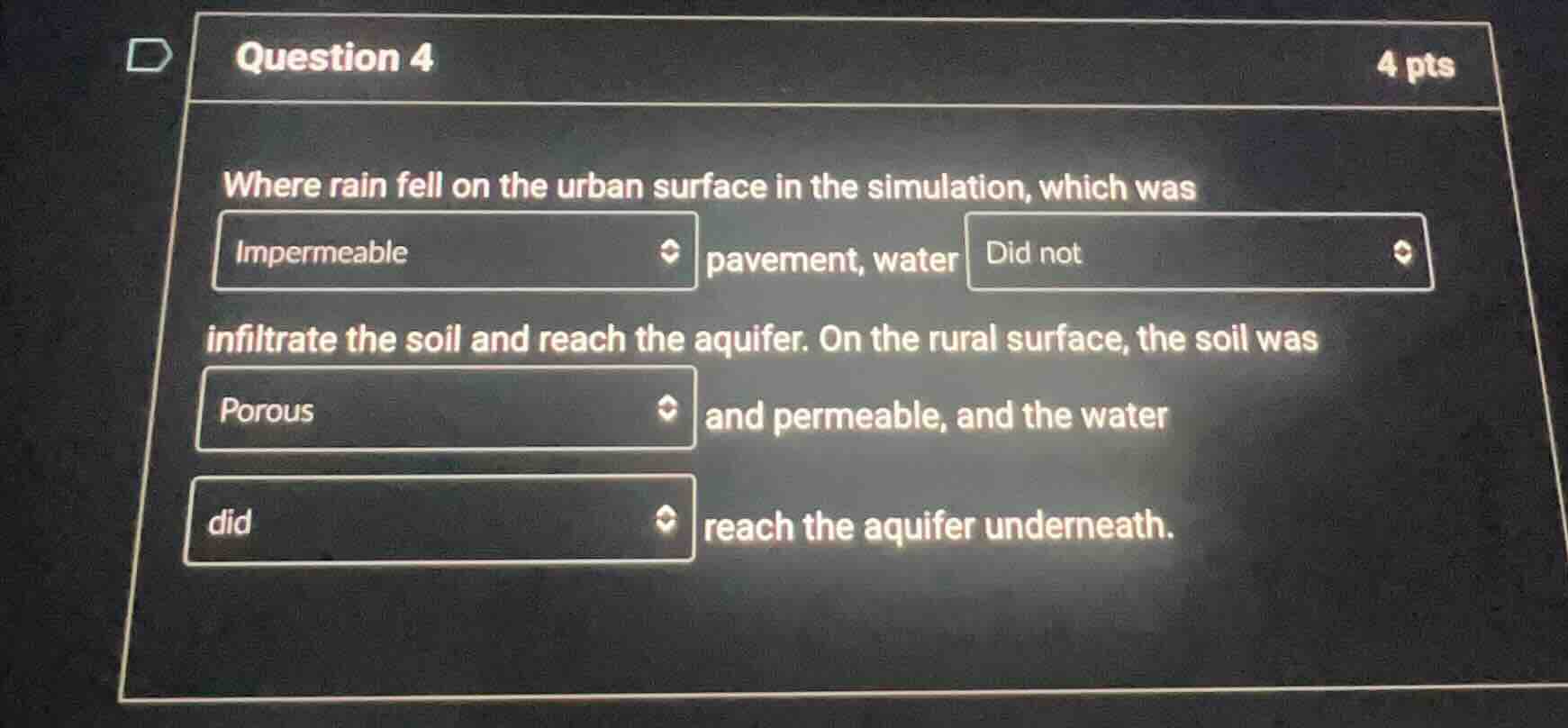 question 4 4 pts where rain fell on the urban surface in the simulation…