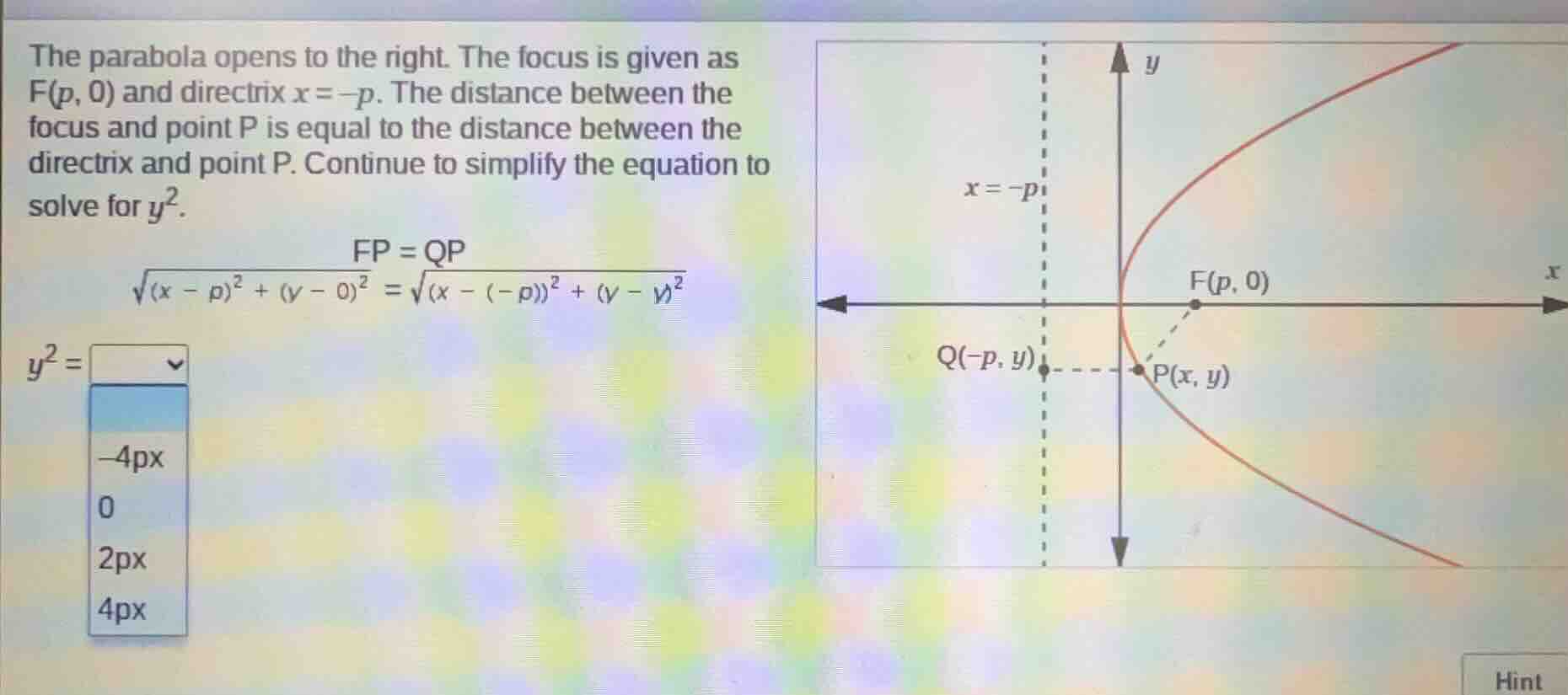 the parabola opens to the right. the focus is given as f(p, 0) and dire…