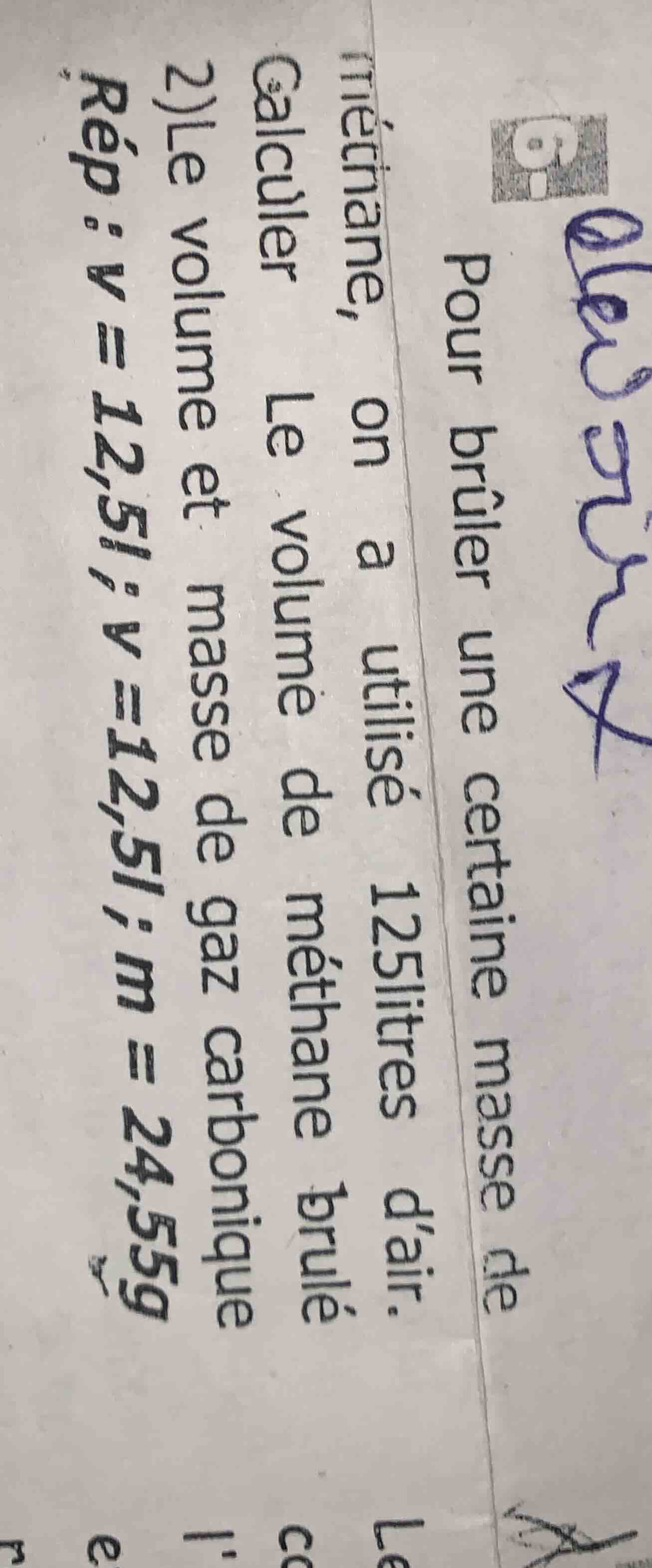 pour brûler une certaine masse de méthane, on a utilisé 125litres d’air…