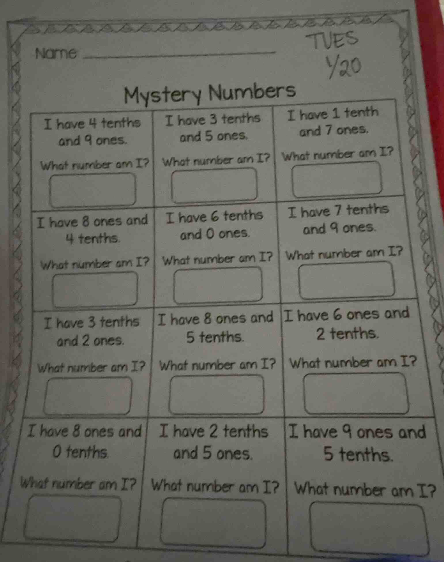name mystery numbers i have 4 tenths and 9 ones. what number am i? i ha…