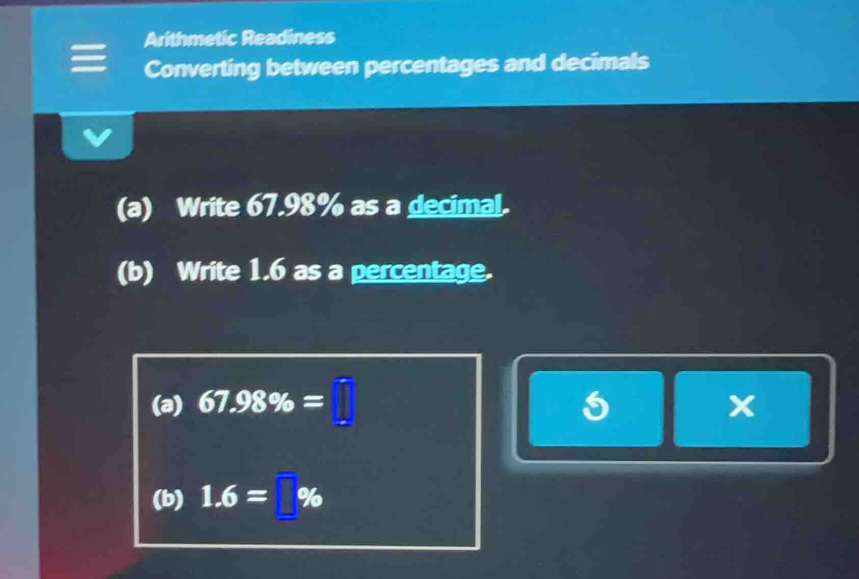 arithmetic readiness converting between percentages and decimals (a) wr…