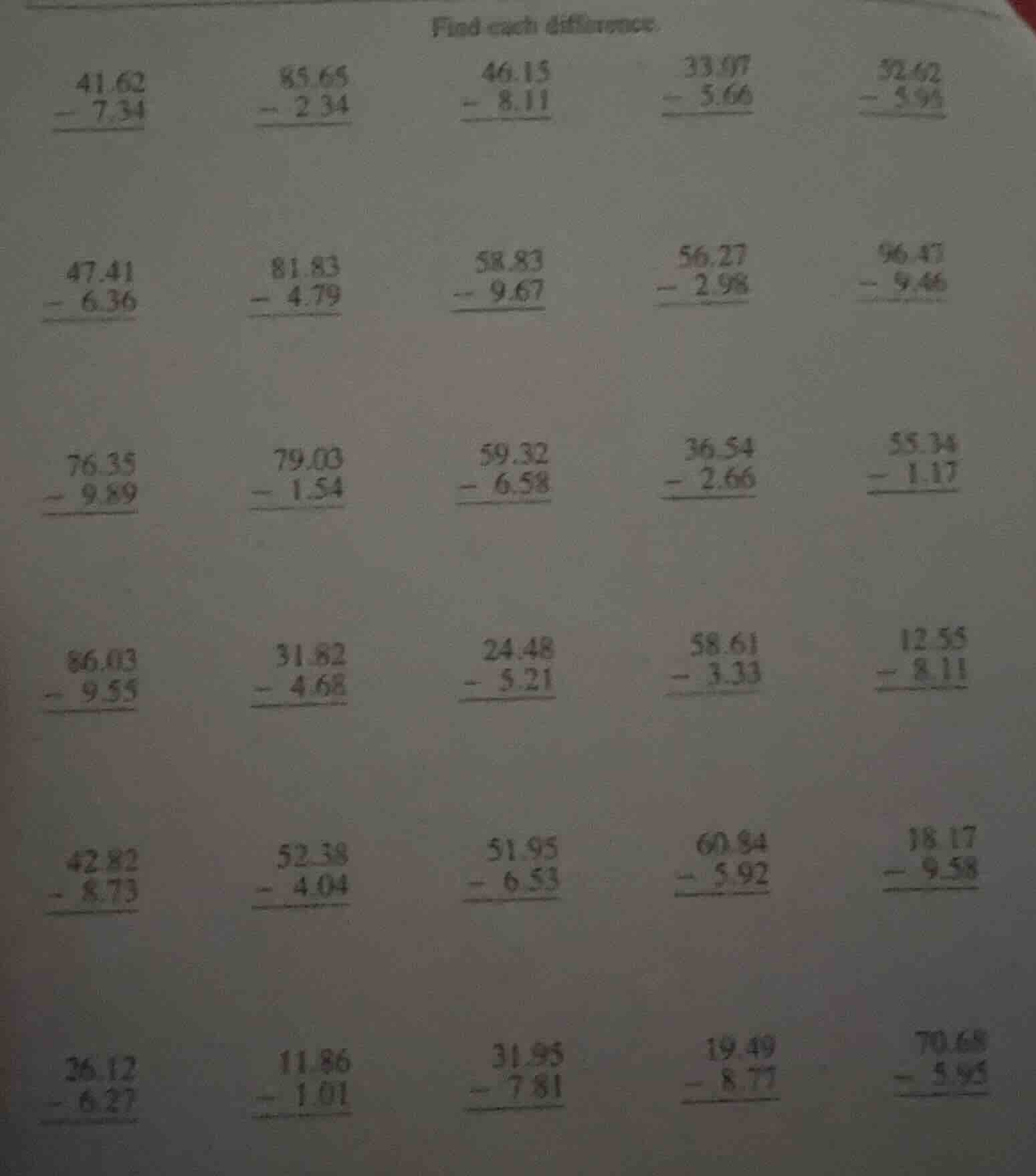 find each difference. \\begin{align*} &\\begin{array}{r} 41.62\\\\ -\\ …