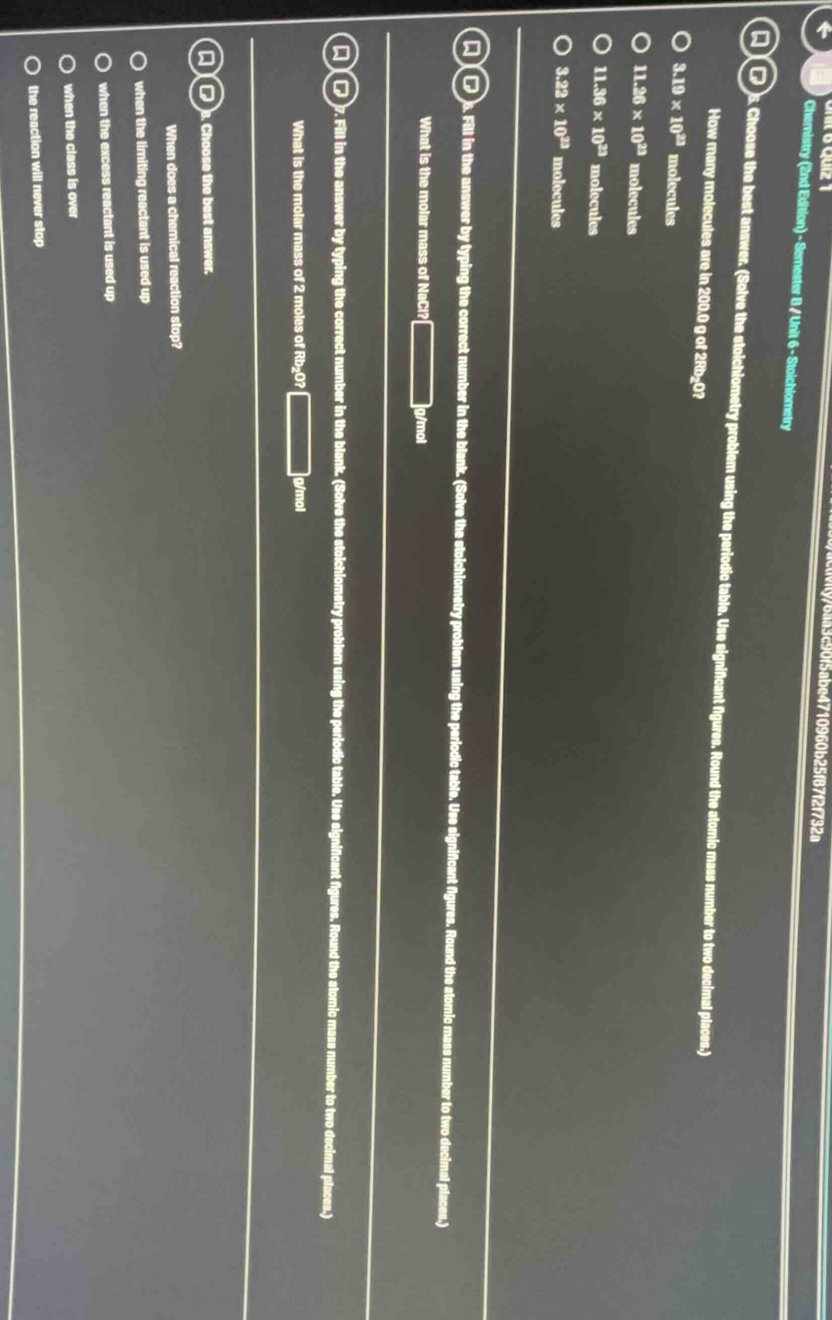 unit 6 quiz 1 chemistry (2nd edition) - semester b / unit 6 - stoichiom…