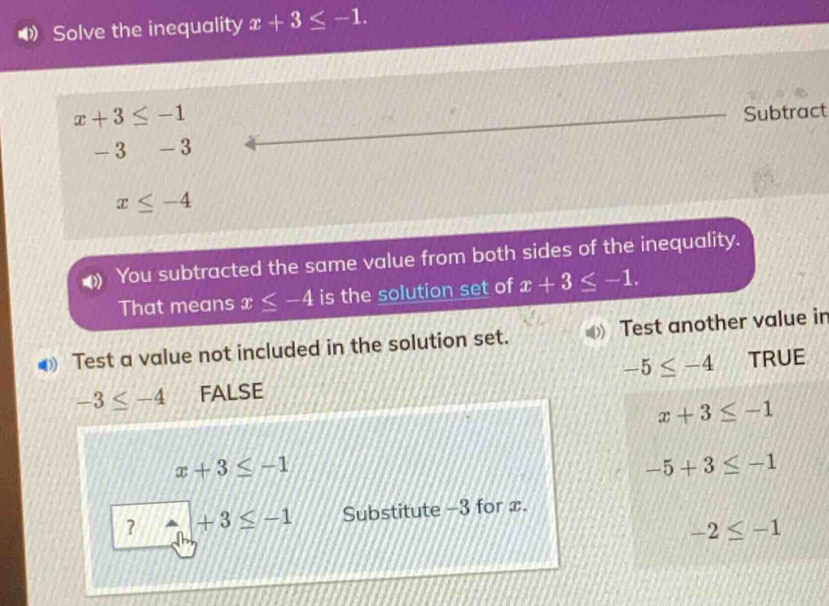 solve the inequality $x + 3 \\leq -1$. $x + 3 \\leq -1$ $-3 \\ \\ \\ -3…