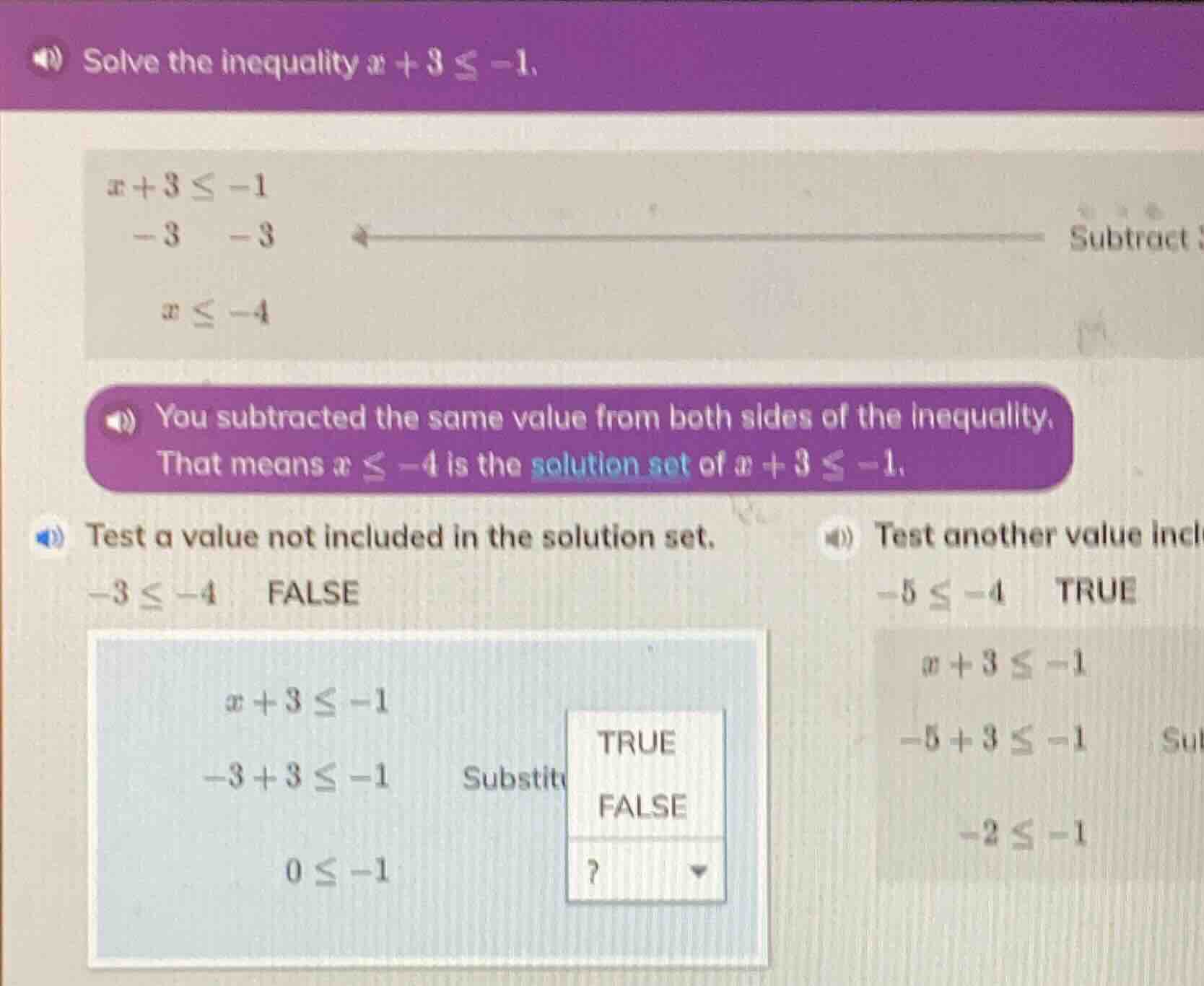 solve the inequality $x + 3 \\leq -1$. $x + 3 \\leq -1$ $\\ \\ -3\\ \\ …