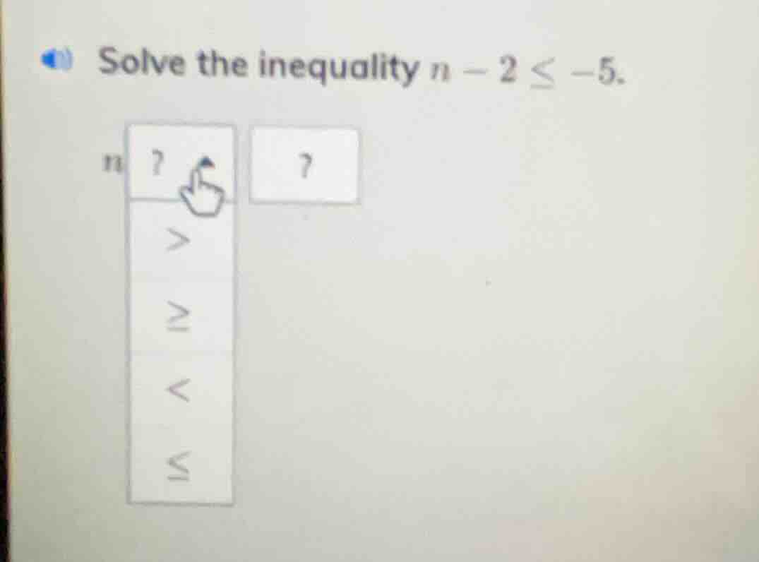 solve the inequality $n - 2 \\leq -5$.