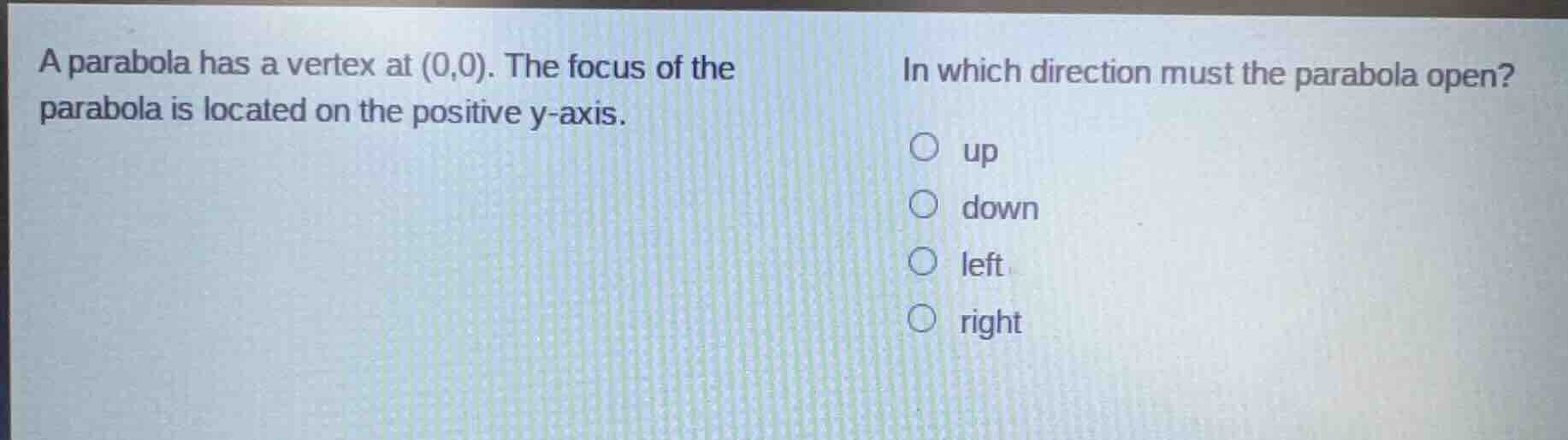 a parabola has a vertex at (0,0). the focus of the parabola is located …