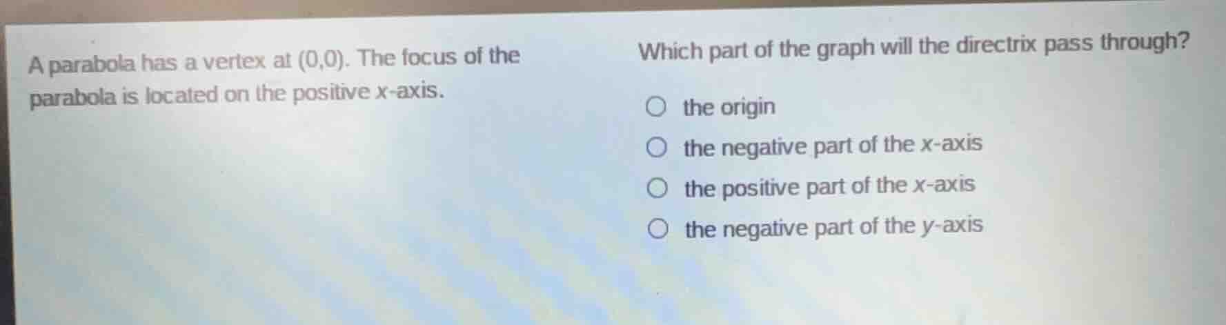 a parabola has a vertex at (0,0). the focus of the parabola is located …