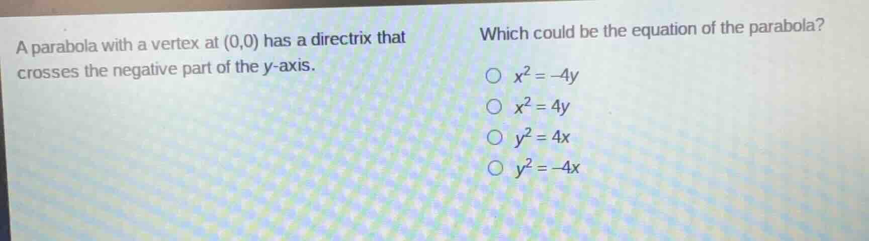 a parabola with a vertex at (0,0) has a directrix that crosses the nega…