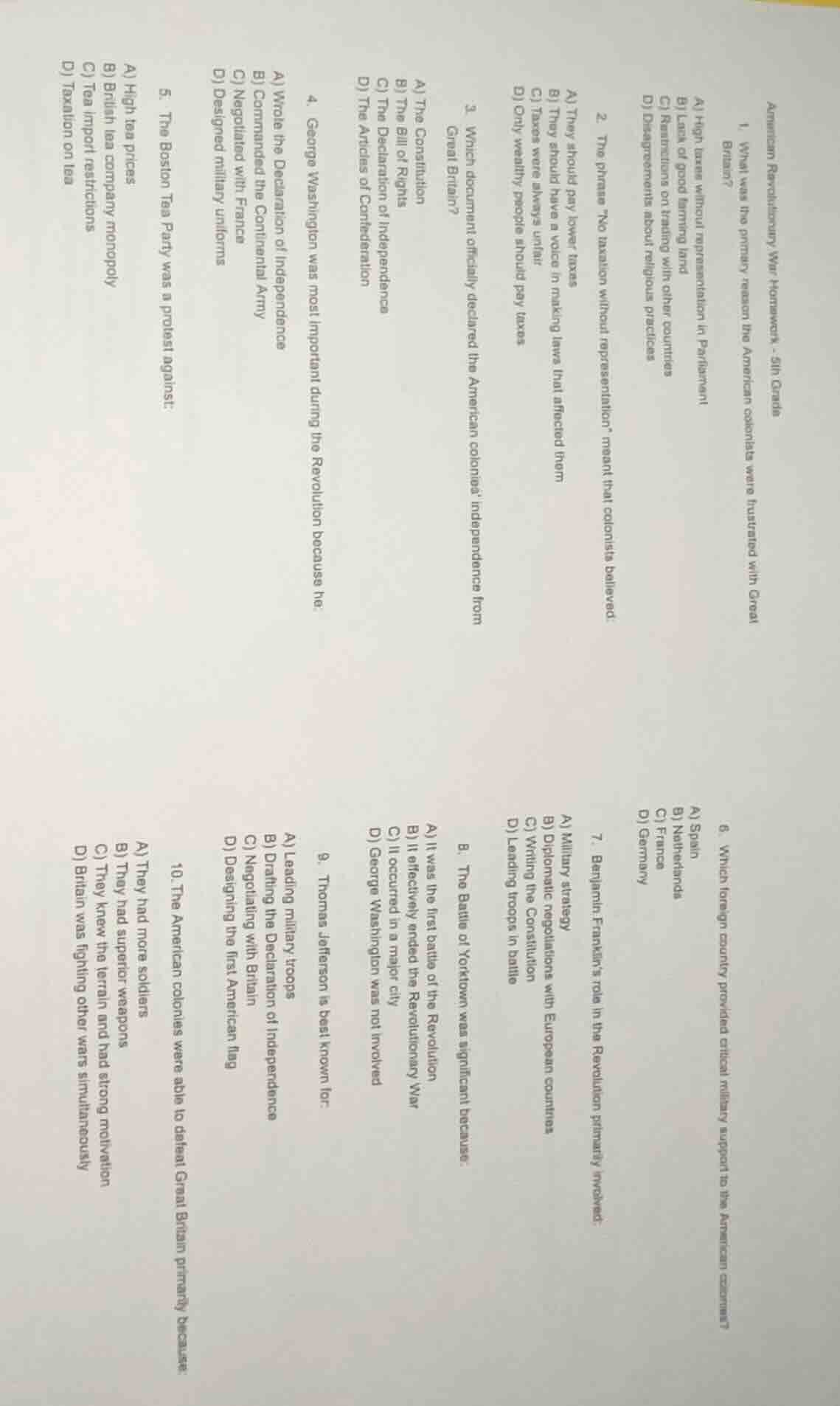 american revolutionary war homework - 5th grade 1. which was the primar…