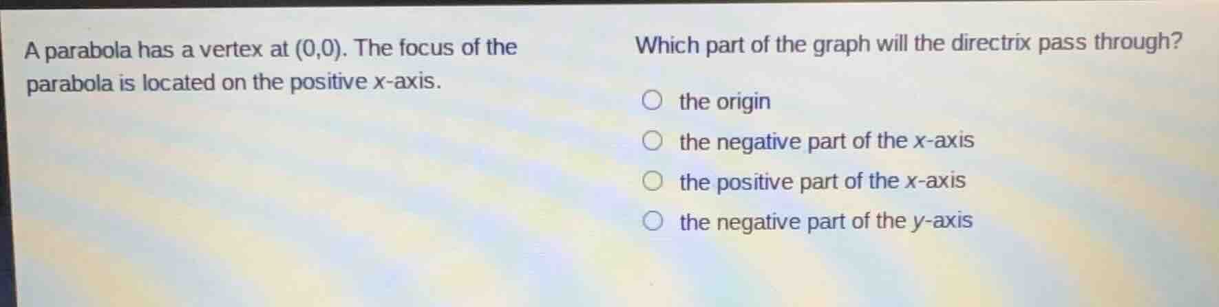 a parabola has a vertex at (0,0). the focus of the parabola is located …