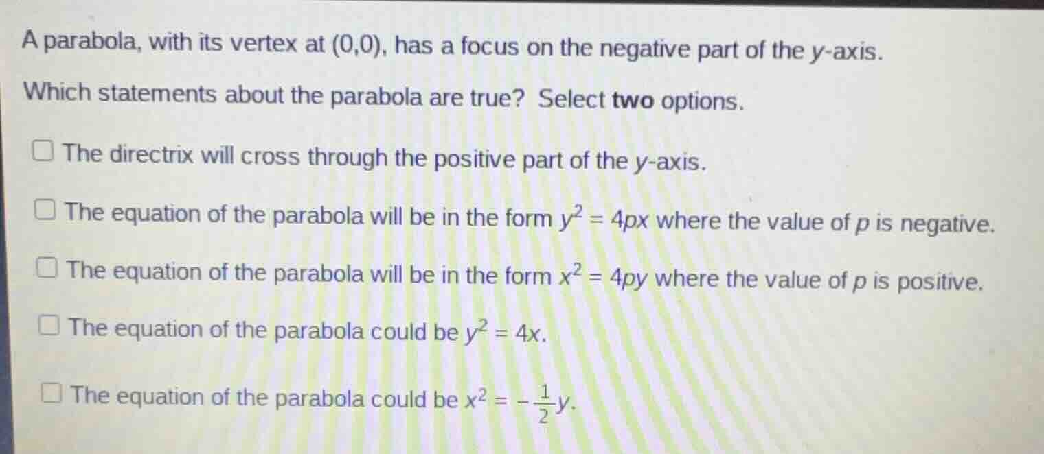 a parabola, with its vertex at (0,0), has a focus on the negative part …