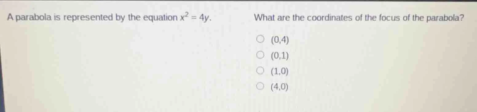 a parabola is represented by the equation $x^2 = 4y$. what are the coor…