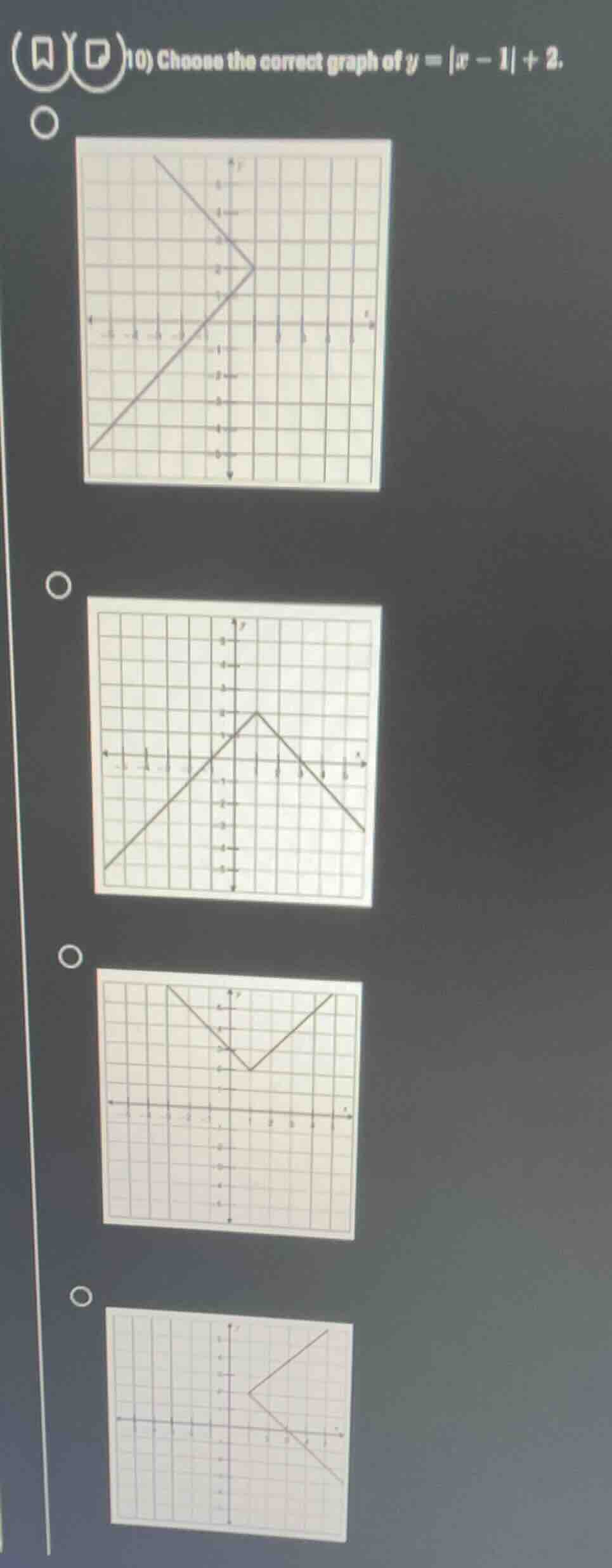 10) choose the correct graph of $y = |x - 1| + 2$.