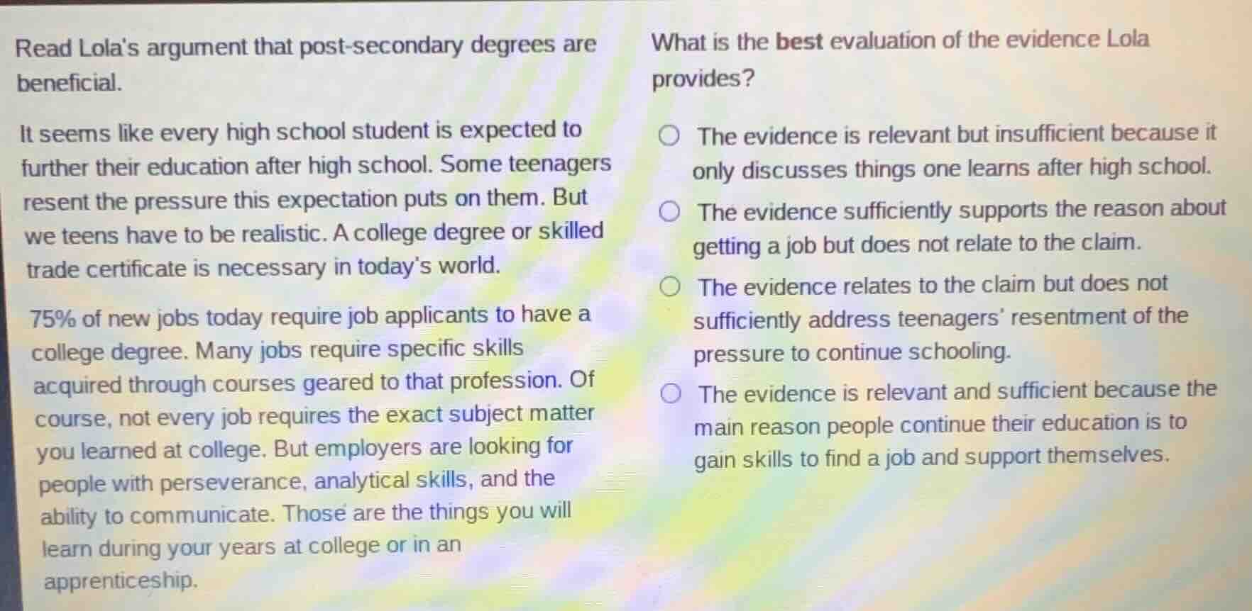 read lolas argument that post-secondary degrees are beneficial. it seem…