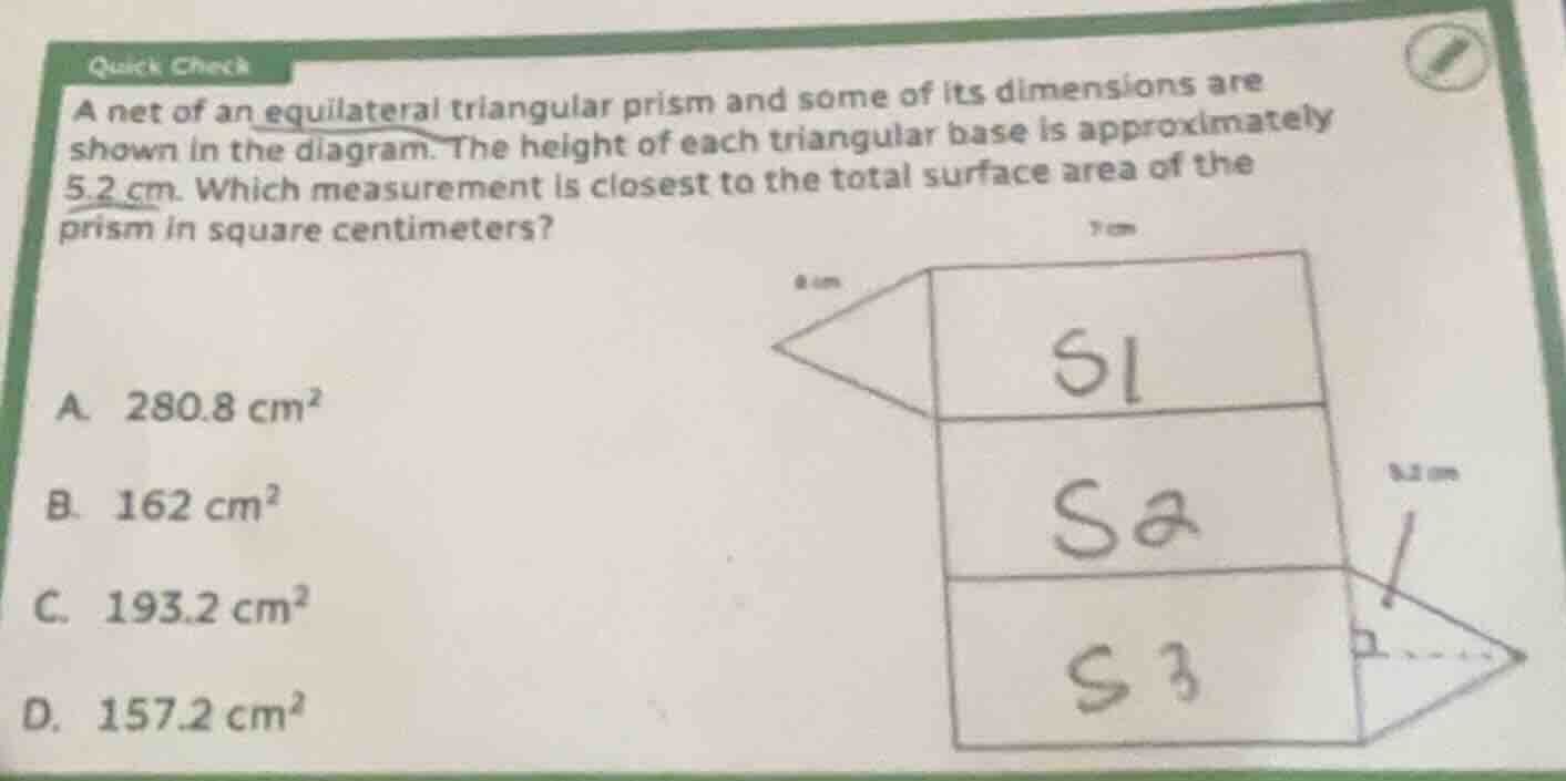 quick check a net of an equilateral triangular prism and some of its di…
