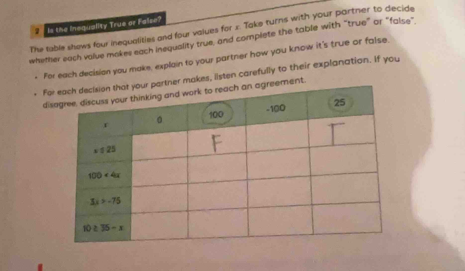2 is the inequality true or false? the table shows four inequalities an…