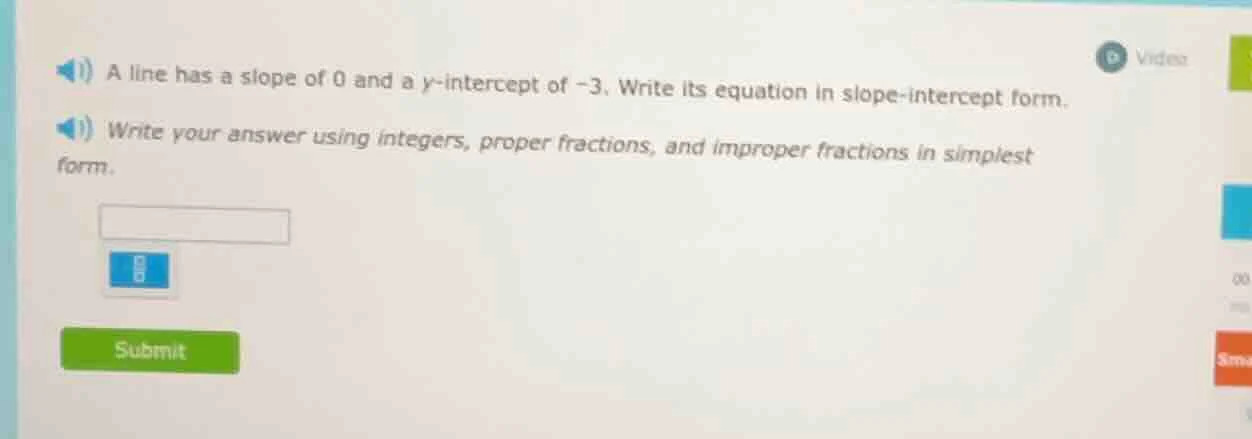 a line has a slope of 0 and a y-intercept of -3. write its equation in …