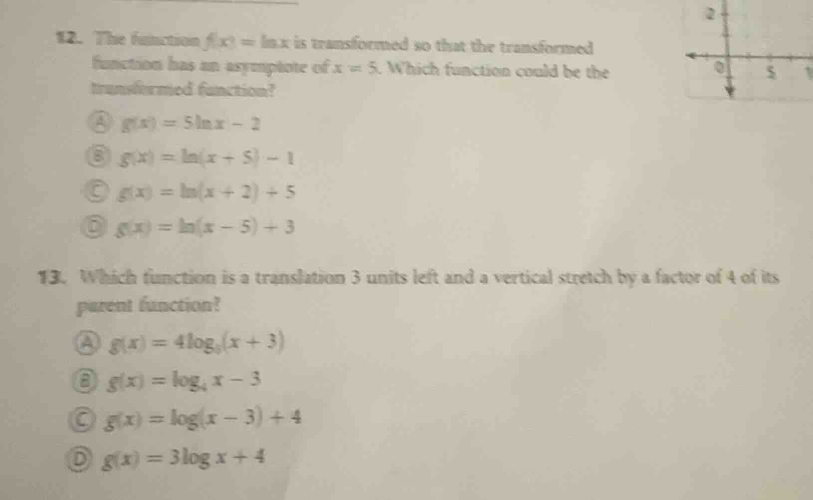 12. the function ( f(x)=ln x ) is transformed so that the transformed f…