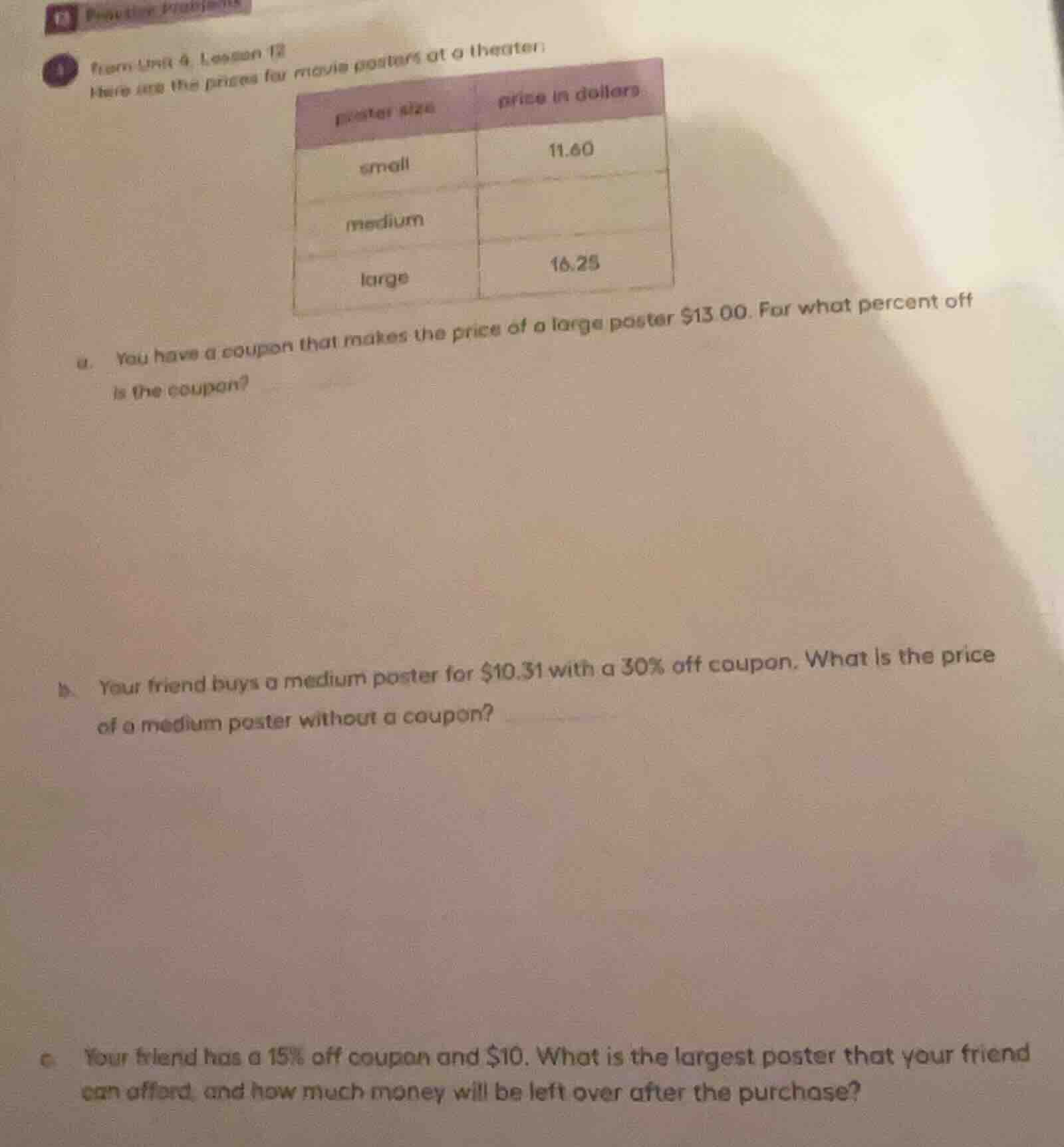 from unit 4, lesson 12 here are the prices for movie posters at a theat…