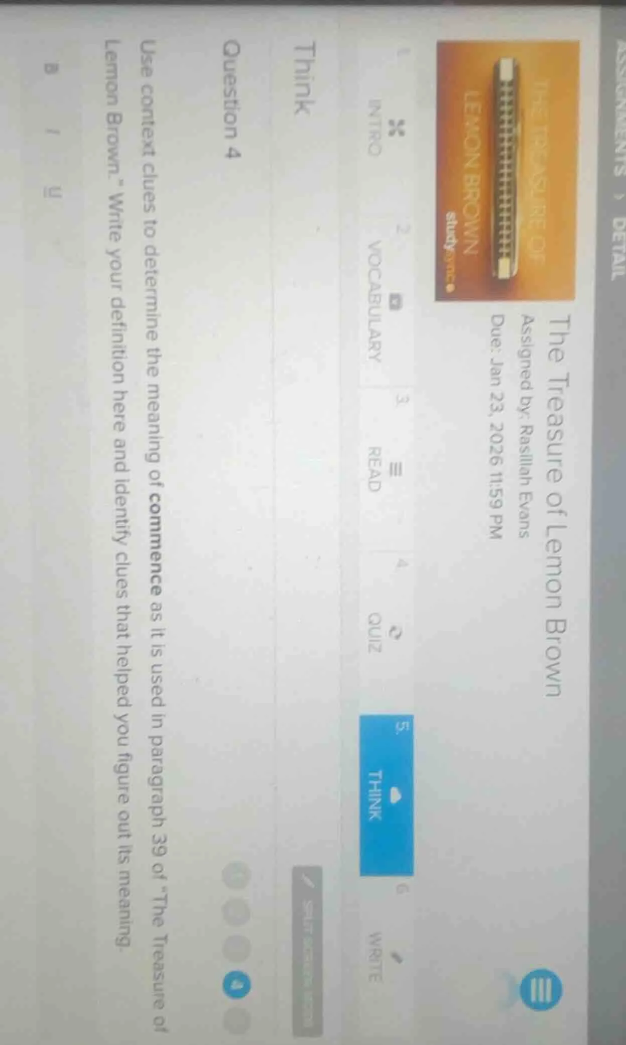 question 4 use context clues to determine the meaning of commence as it…