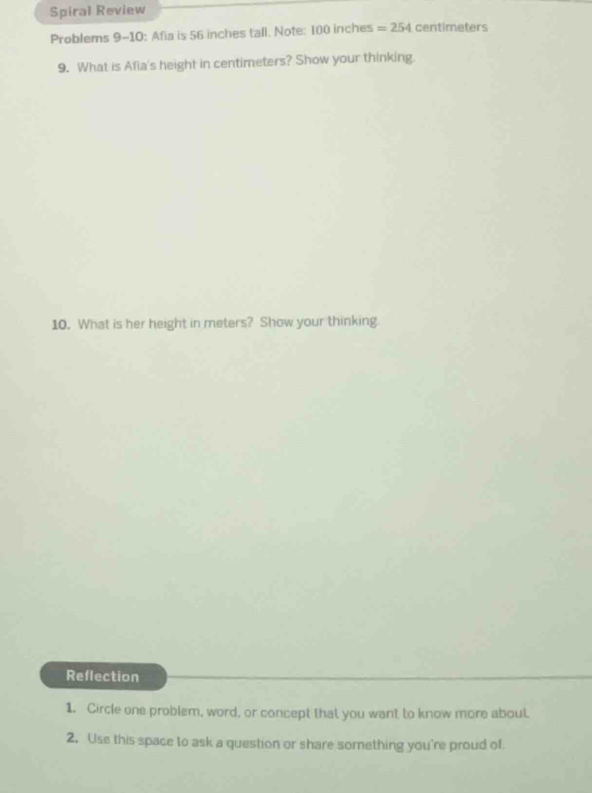 spiral review problems 9–10: afia is 56 inches tall. note: 100 inches =…