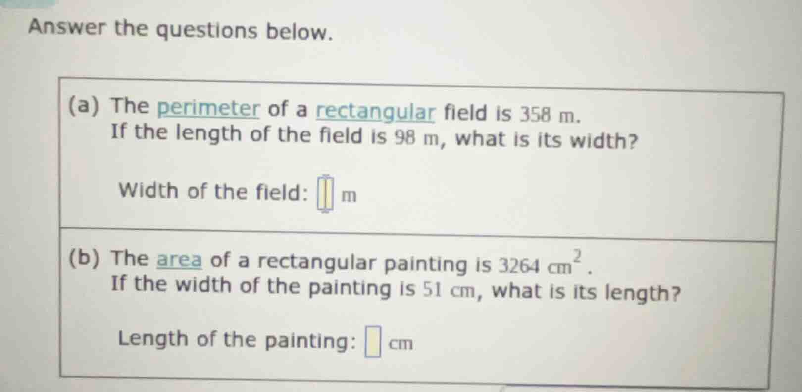 answer the questions below. (a) the perimeter of a rectangular field is…