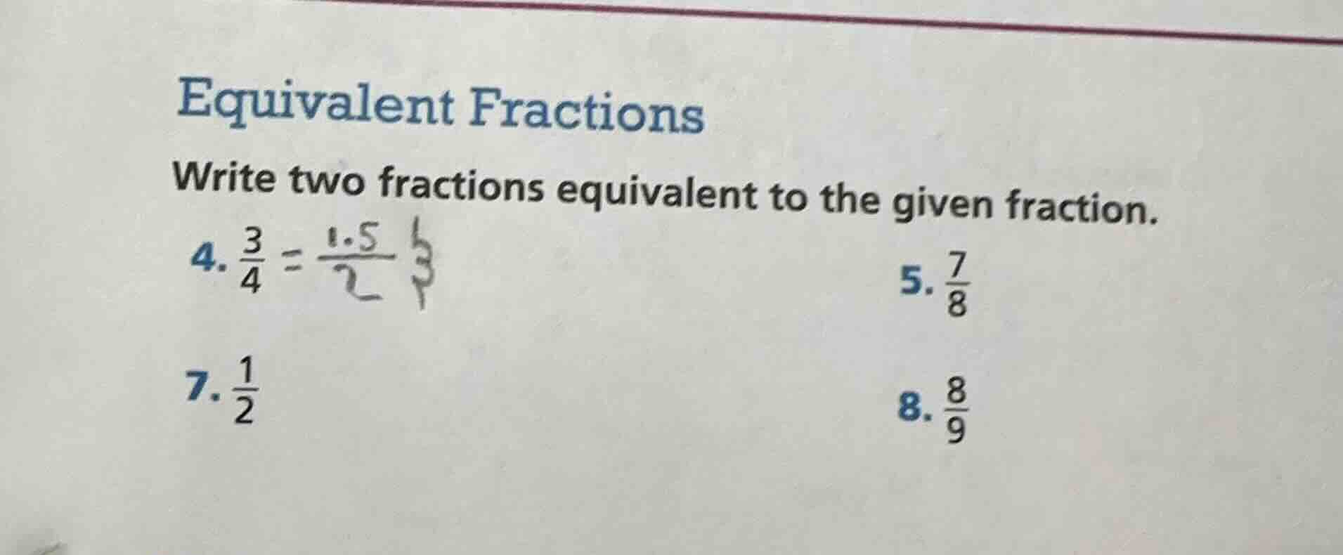 equivalent fractions write two fractions equivalent to the given fracti…
