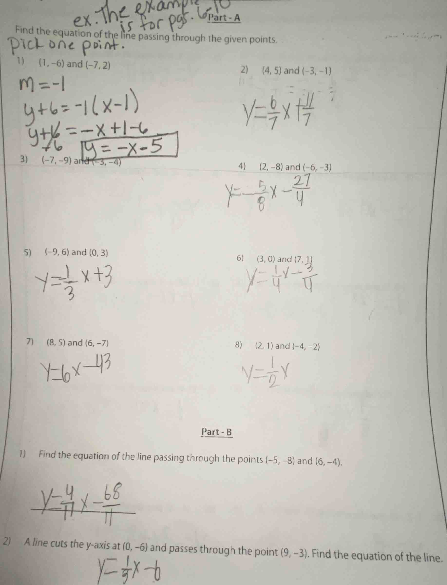 part - a find the equation of the line passing through the given points…