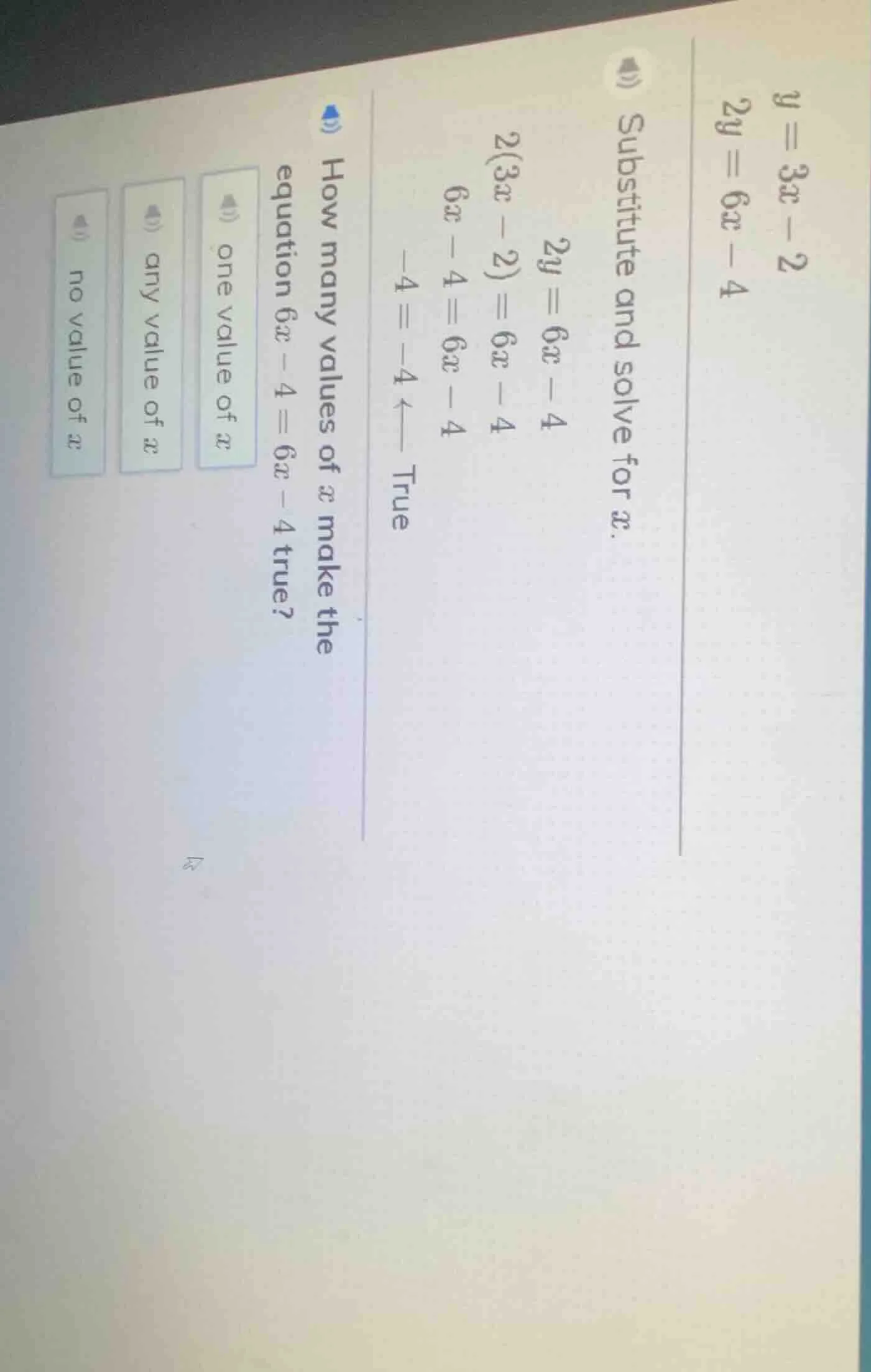 y = 3x - 2\ 2y = 6x - 4\ substitute and solve for x.\ 2y = 6x - 4\ 2(3x…