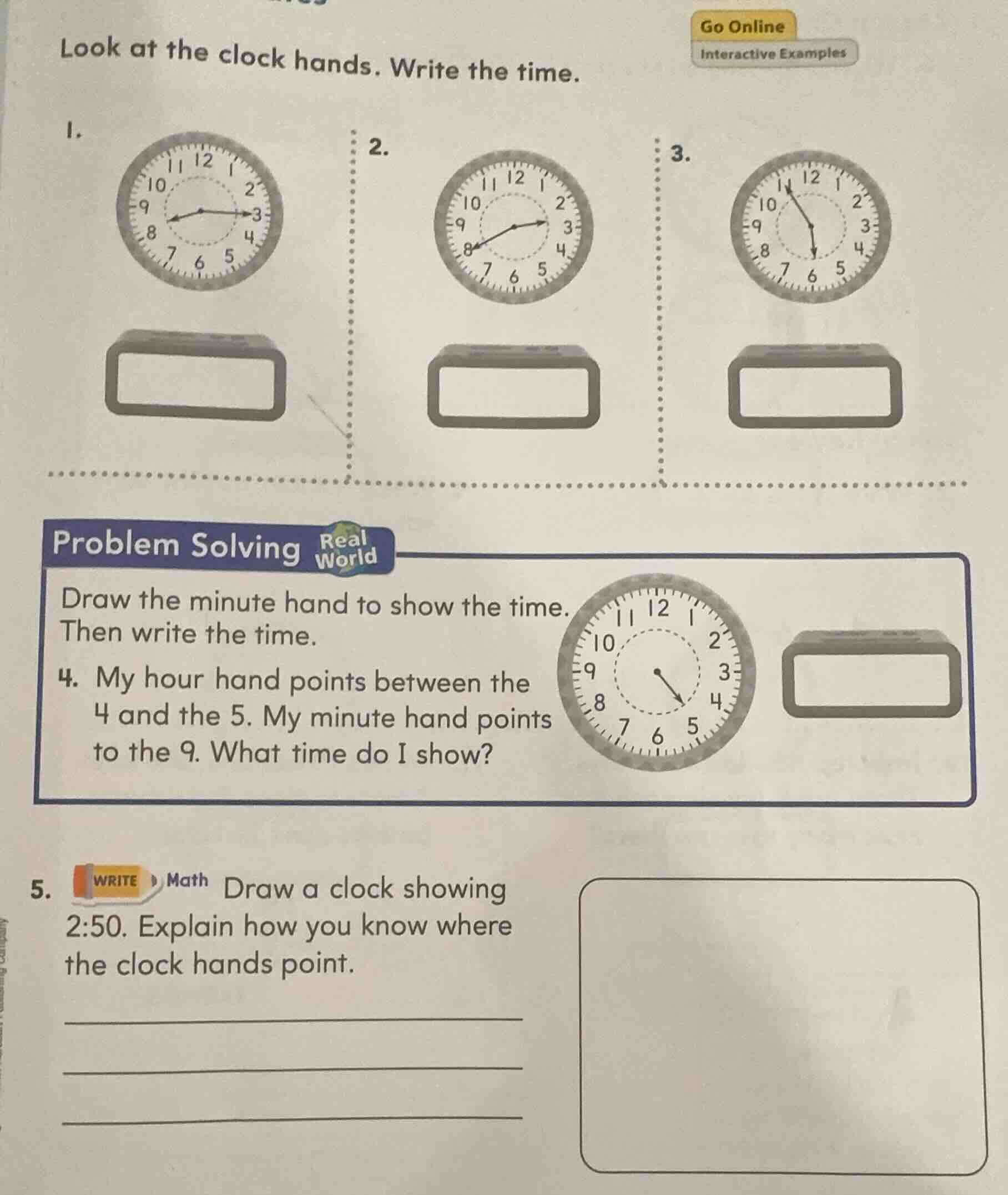look at the clock hands. write the time. 1. 2. 3. problem solving real …