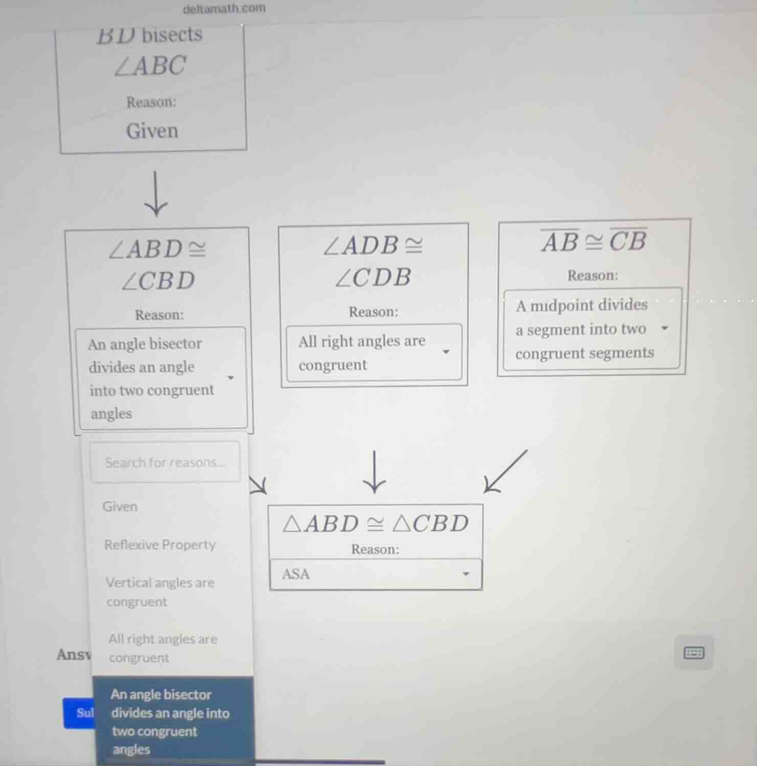 bd bisects ∠abc reason: given ∠abd ≅ ∠cbd reason: an angle bisector div…