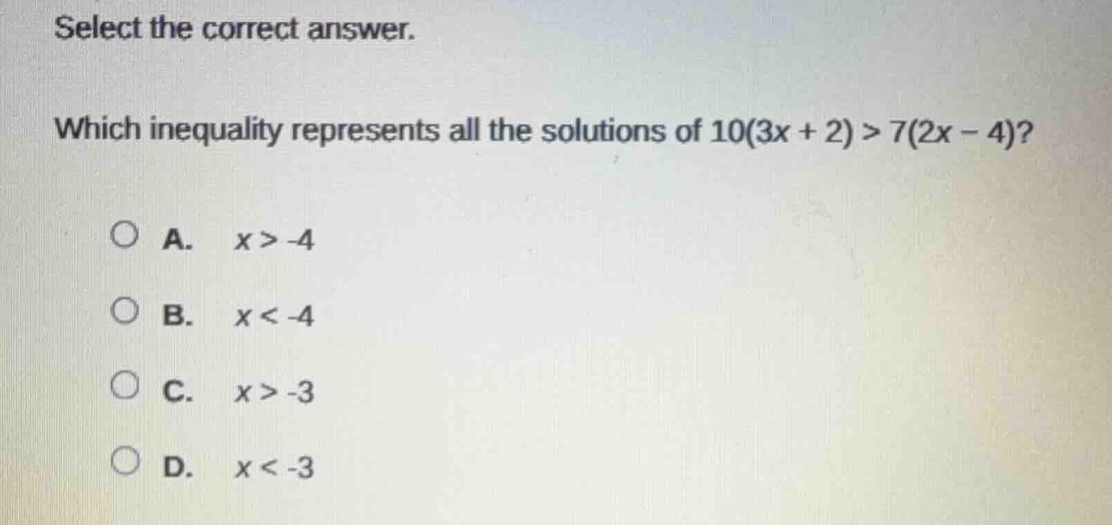 select the correct answer. which inequality represents all the solution…
