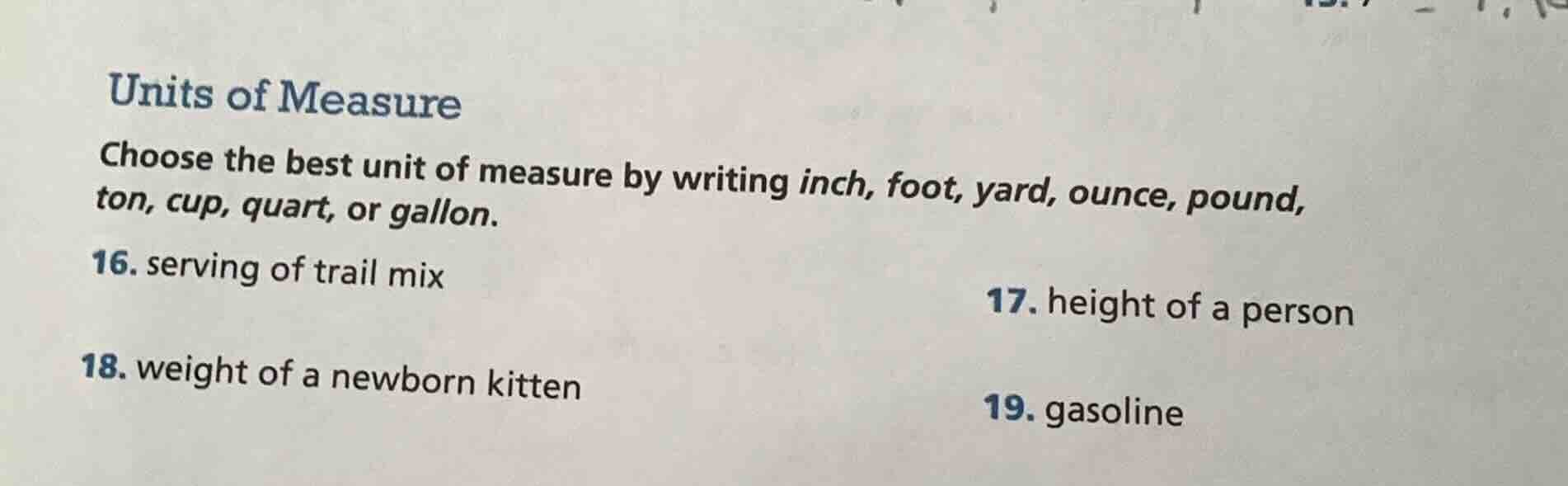 units of measure choose the best unit of measure by writing inch, foot,…