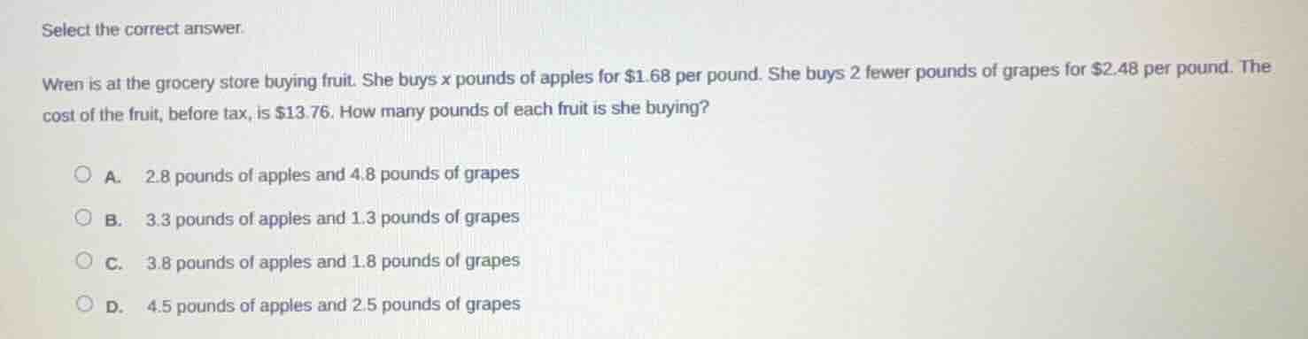 select the correct answer. wren is at the grocery store buying fruit. s…