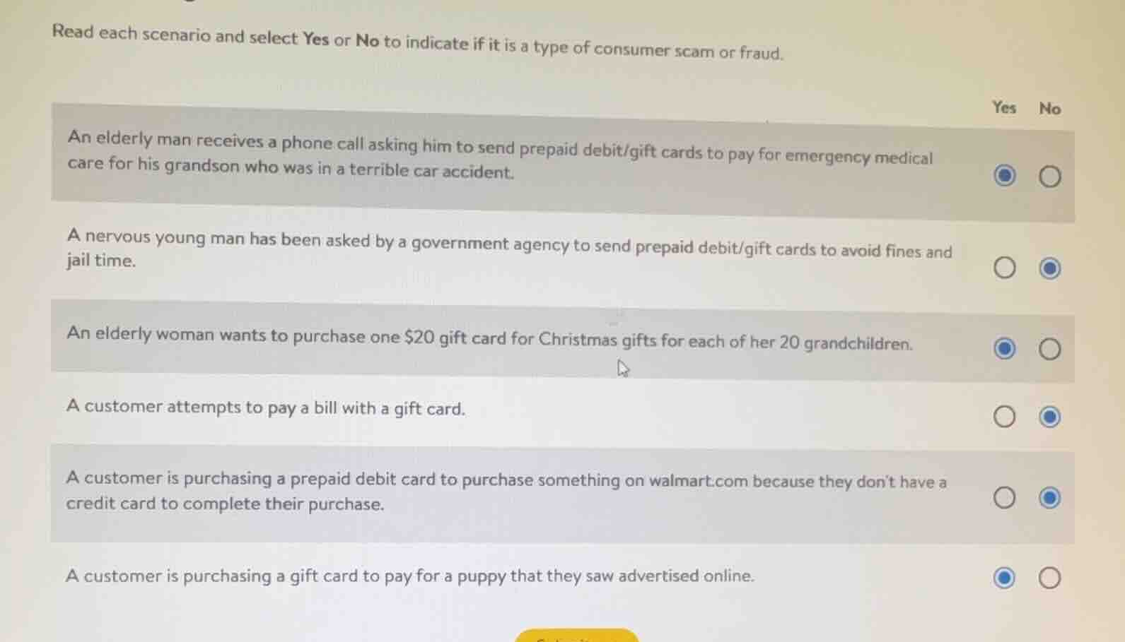 read each scenario and select yes or no to indicate if it is a type of …