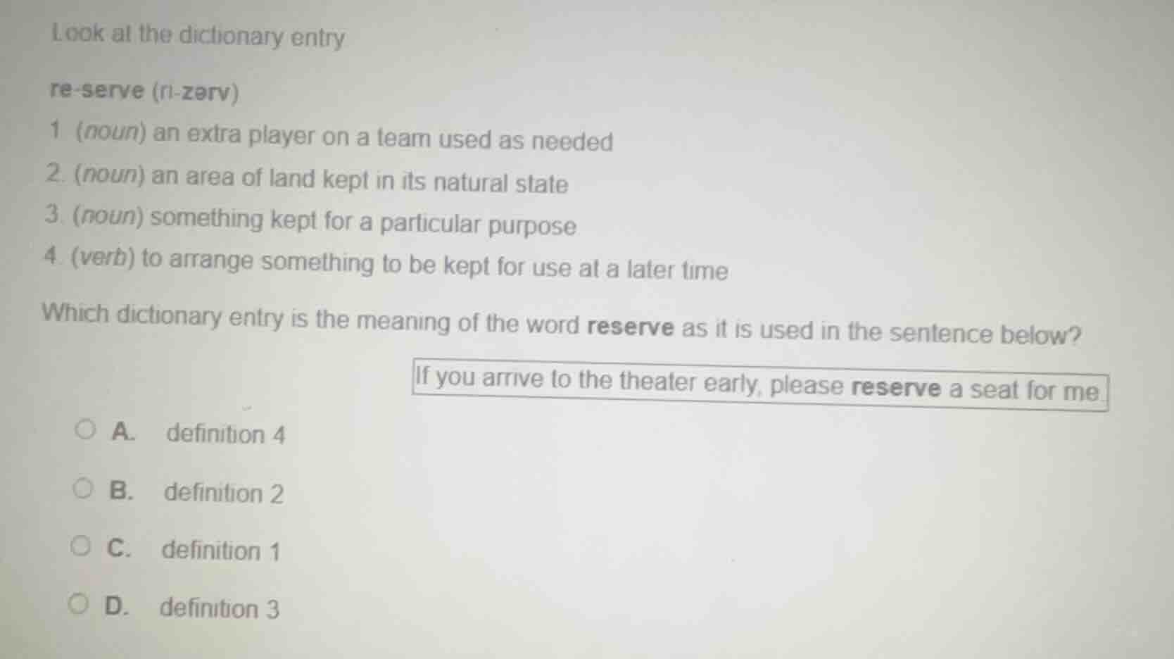 look at the dictionary entry re - serve (ri - zərv) 1 (noun) an extra p…