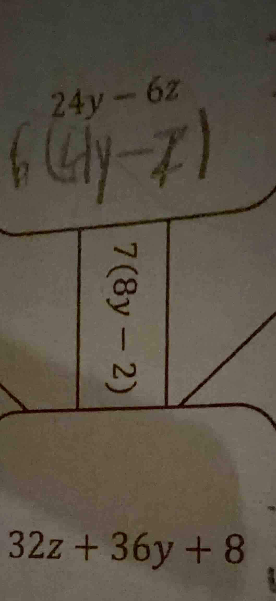 24y - 6z; 6(4y - z); 7(8y - 2); 32z + 36y + 8