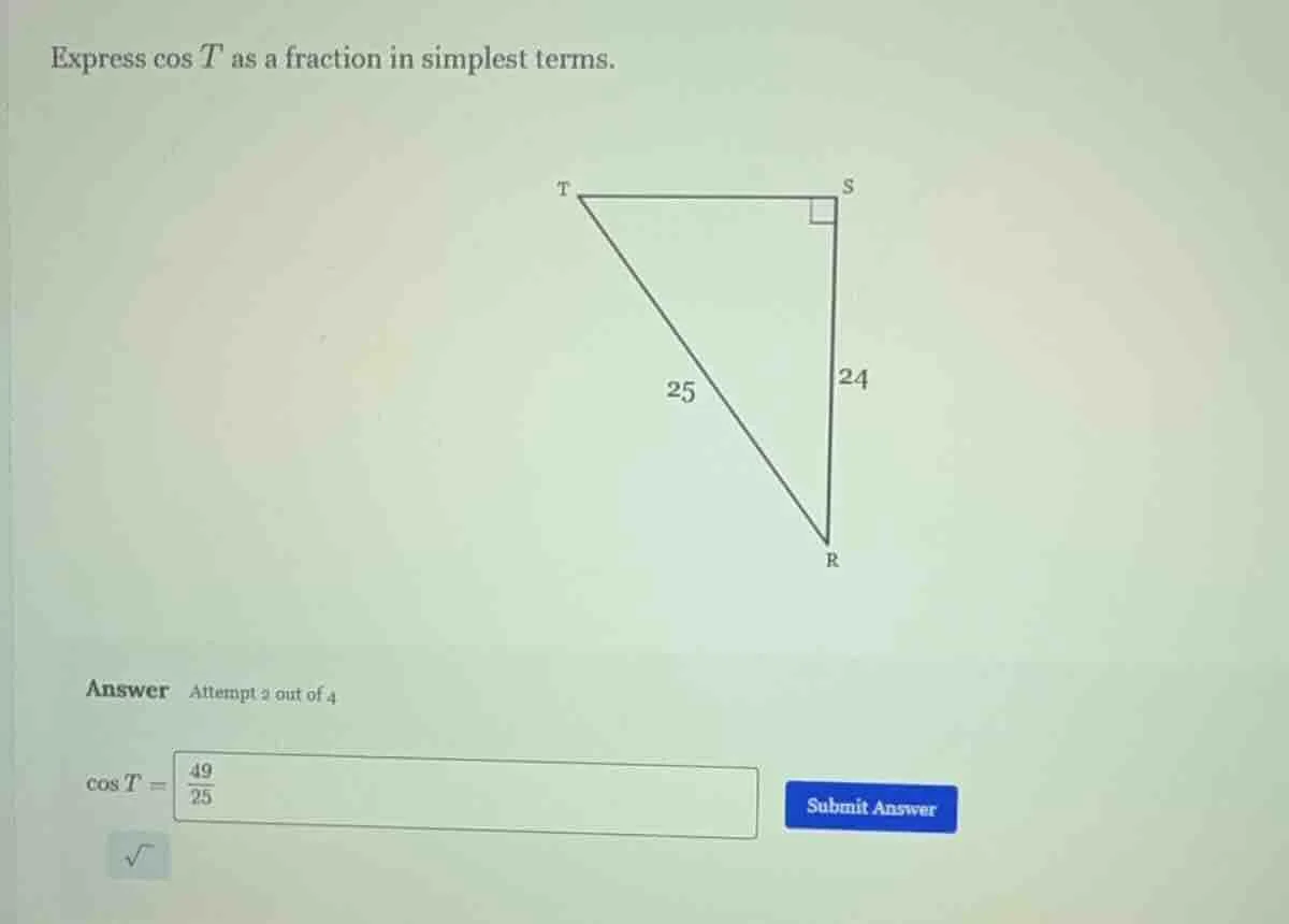 express \\(\\cos t\\) as a fraction in simplest terms.