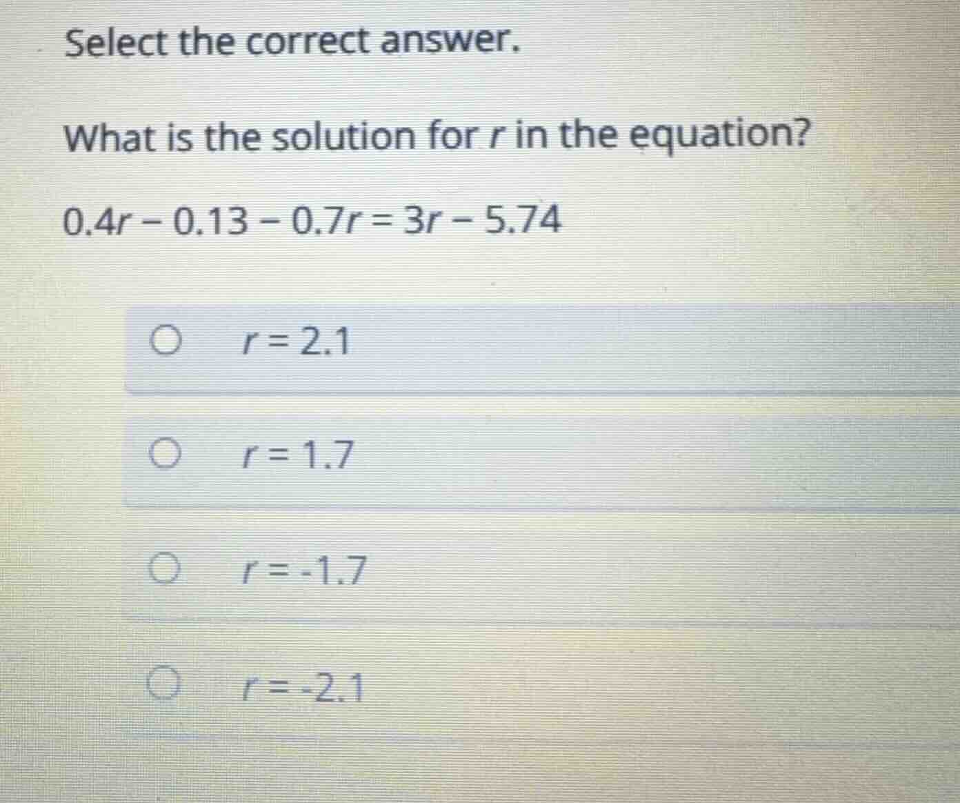 select the correct answer. what is the solution for ( r ) in the equati…
