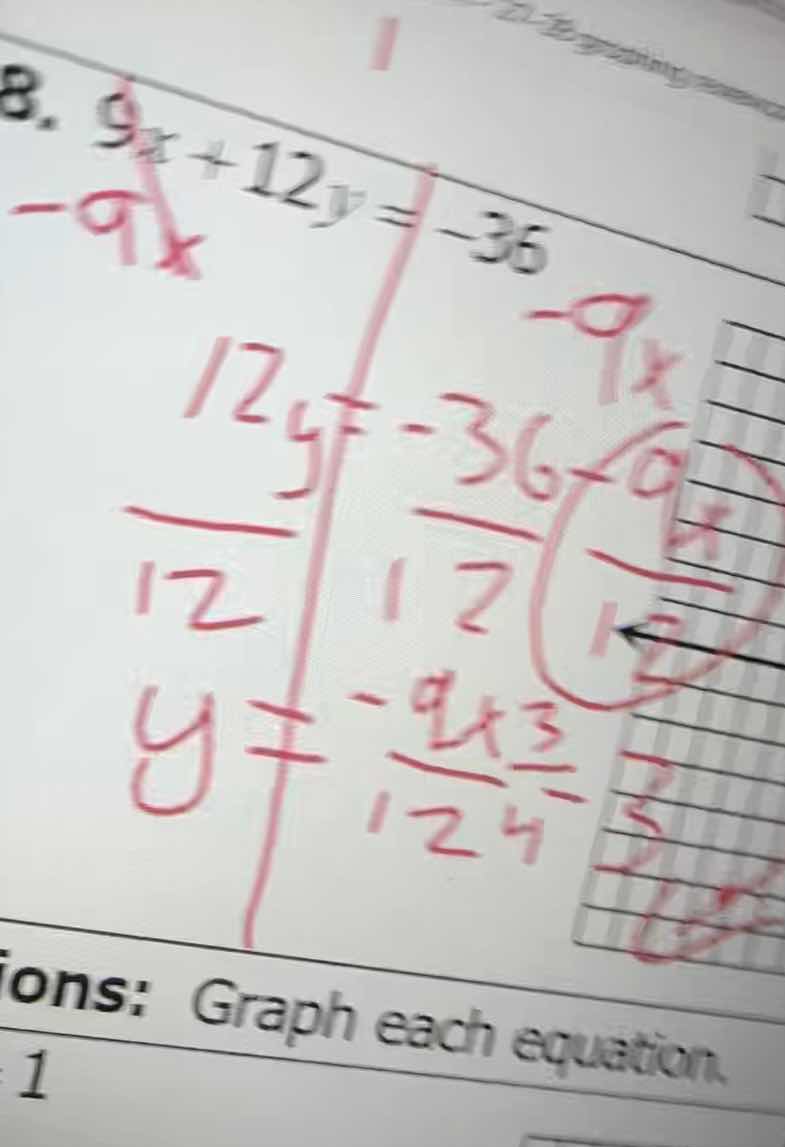 8. $9x + 12y = -36$ ions: graph each equation. 1