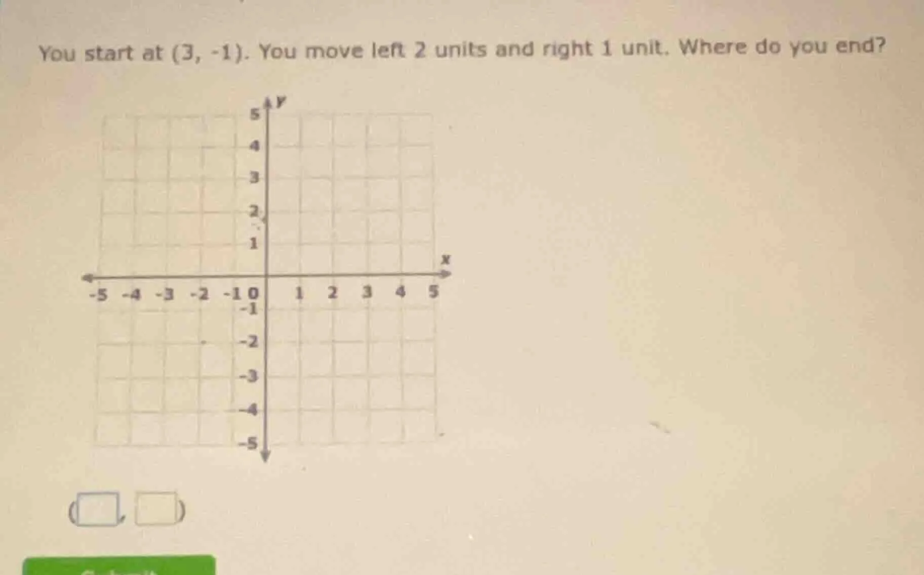 you start at (3, -1). you move left 2 units and right 1 unit. where do …