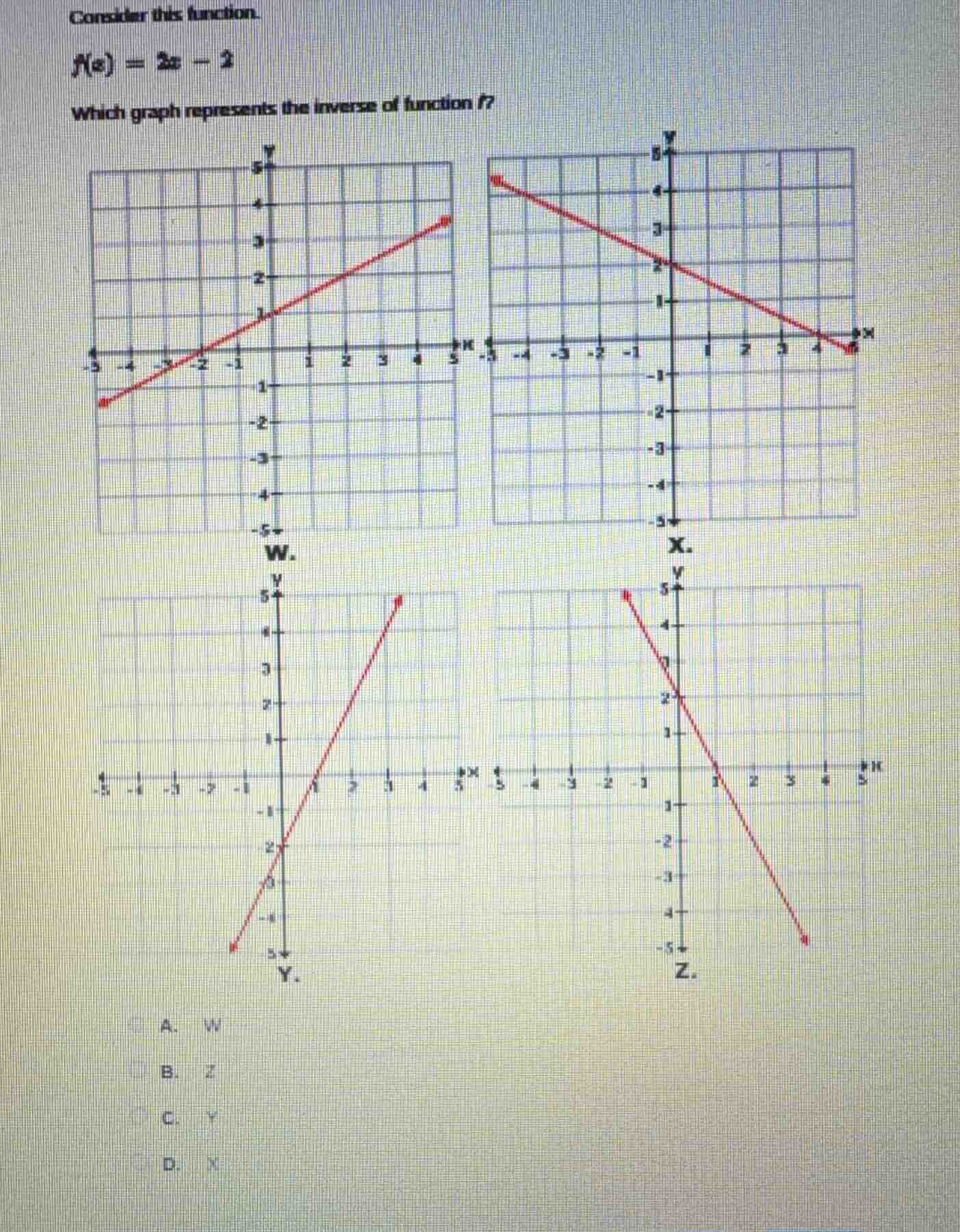 consider this function. $f(x) = 2x - 2$ which graph represents the inve…