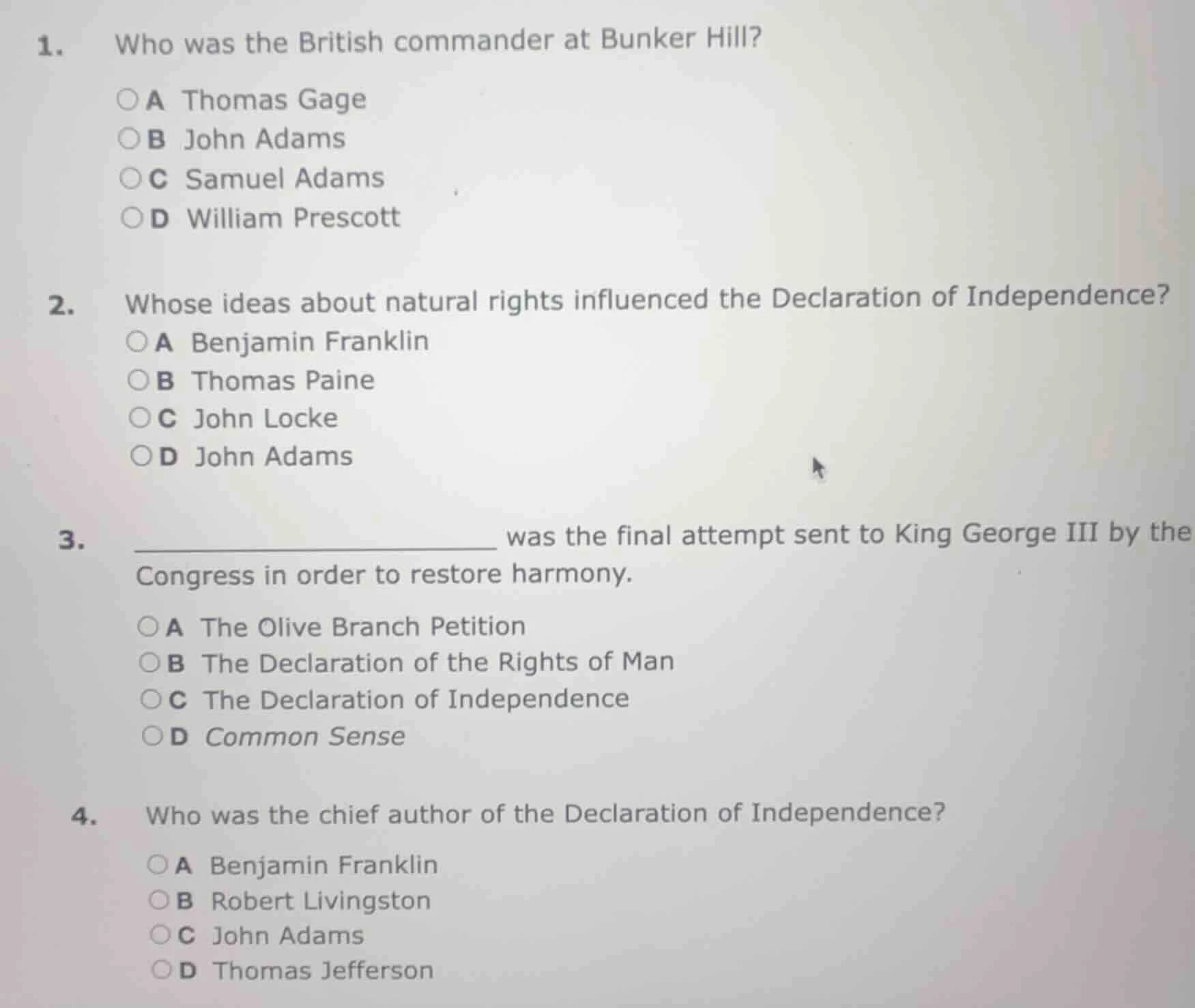 1. who was the british commander at bunker hill? a thomas gage b john a…