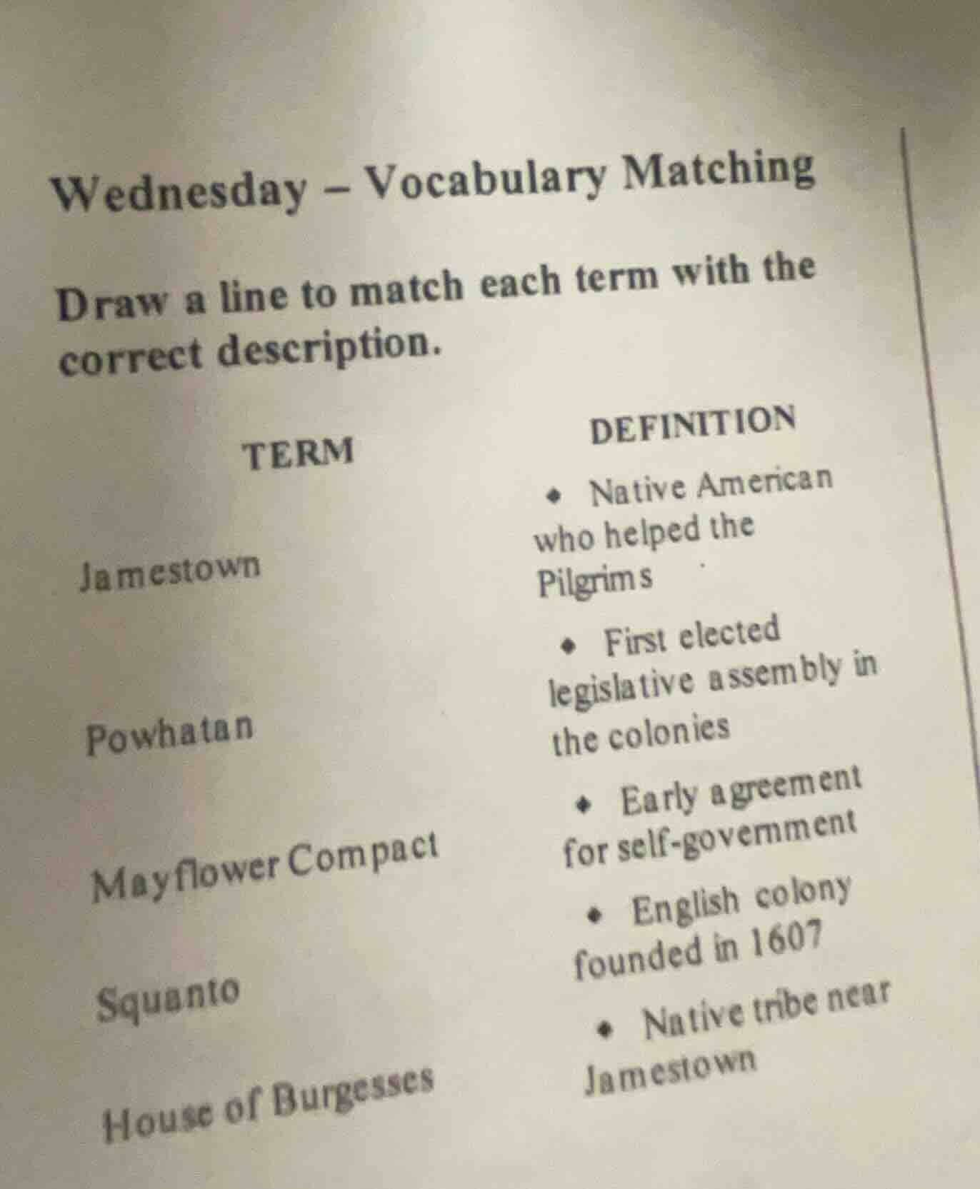 wednesday – vocabulary matching draw a line to match each term with the…